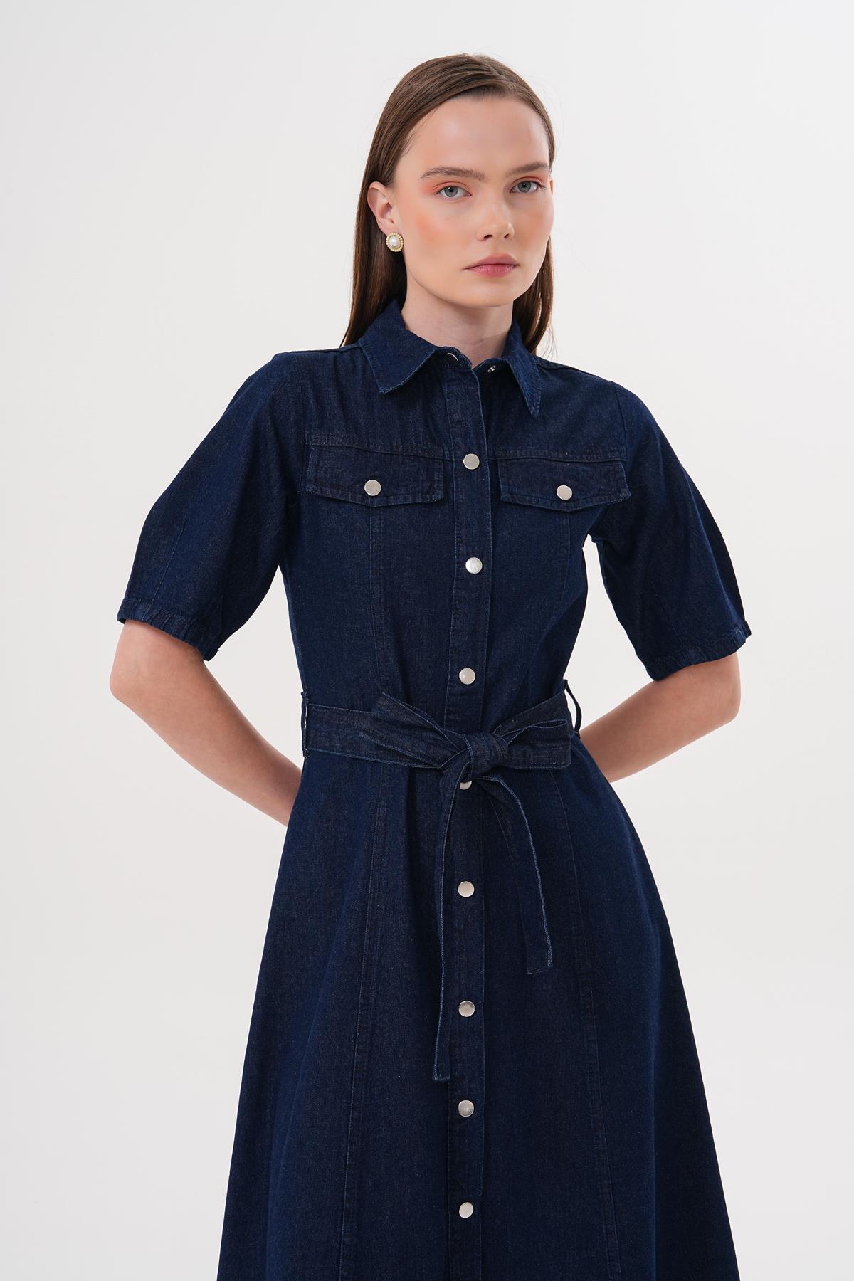 Snap Button Detailed Waist Belted Dress Rins Wash - Brand: Levure - Women & Kids, Baby Clothes Wholesale - TheBS Women Snap Button Detailed Waist Belted Dress Rins Wash - Brand: Levure - Women & Kids, Baby Clothes Wholesale - TheBS Women