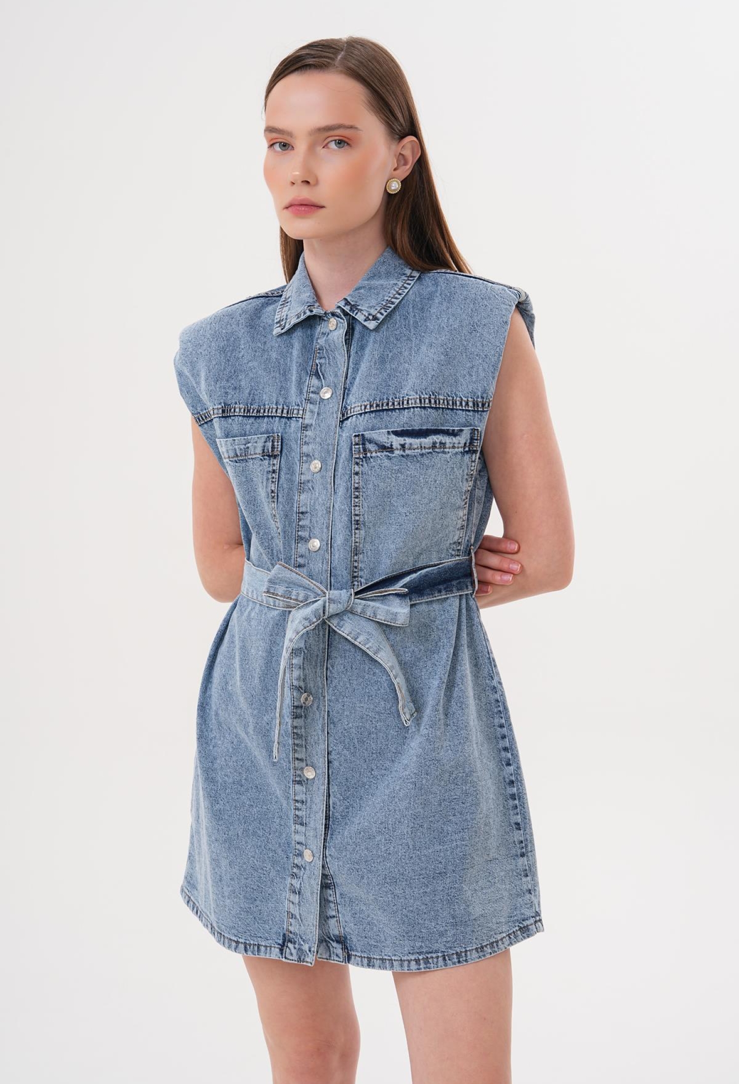 Shoulder Wadding Detailed Belted Dress Snow Wash - Brand: Levure - Women & Kids, Baby Clothes Wholesale - TheBS Women