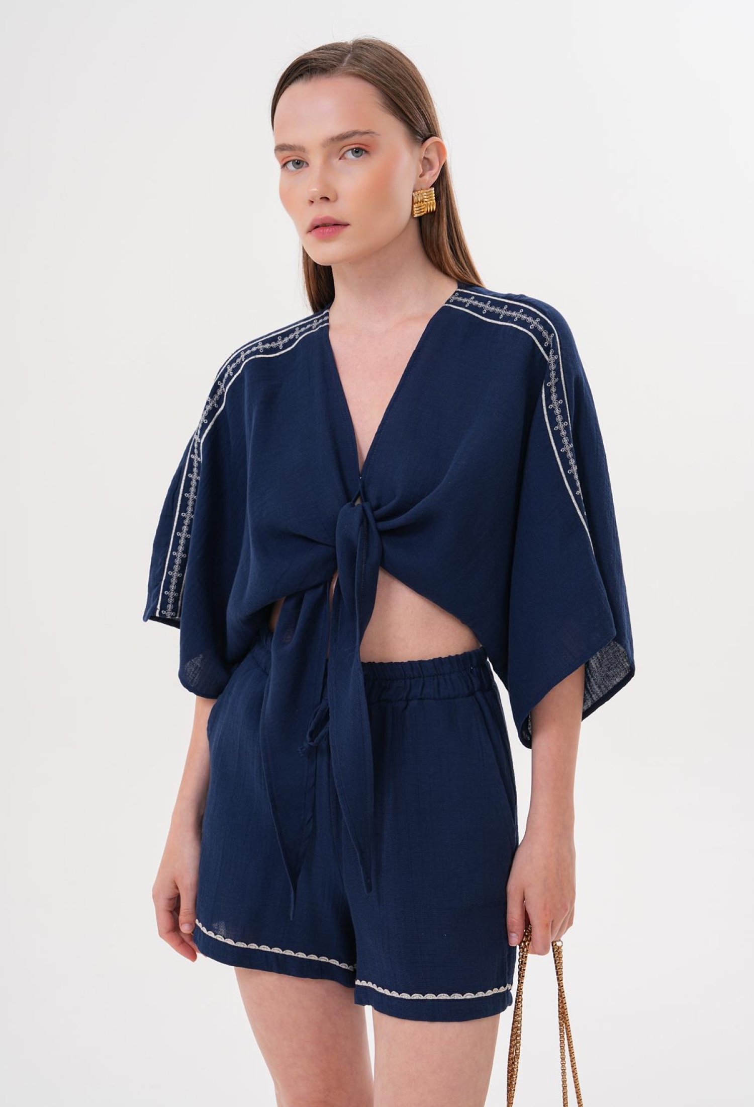 Shoulder Embroidery Detailed Tie Waist Shirt Navy - Brand: Levure - Women & Kids, Baby Clothes Wholesale - TheBS Women