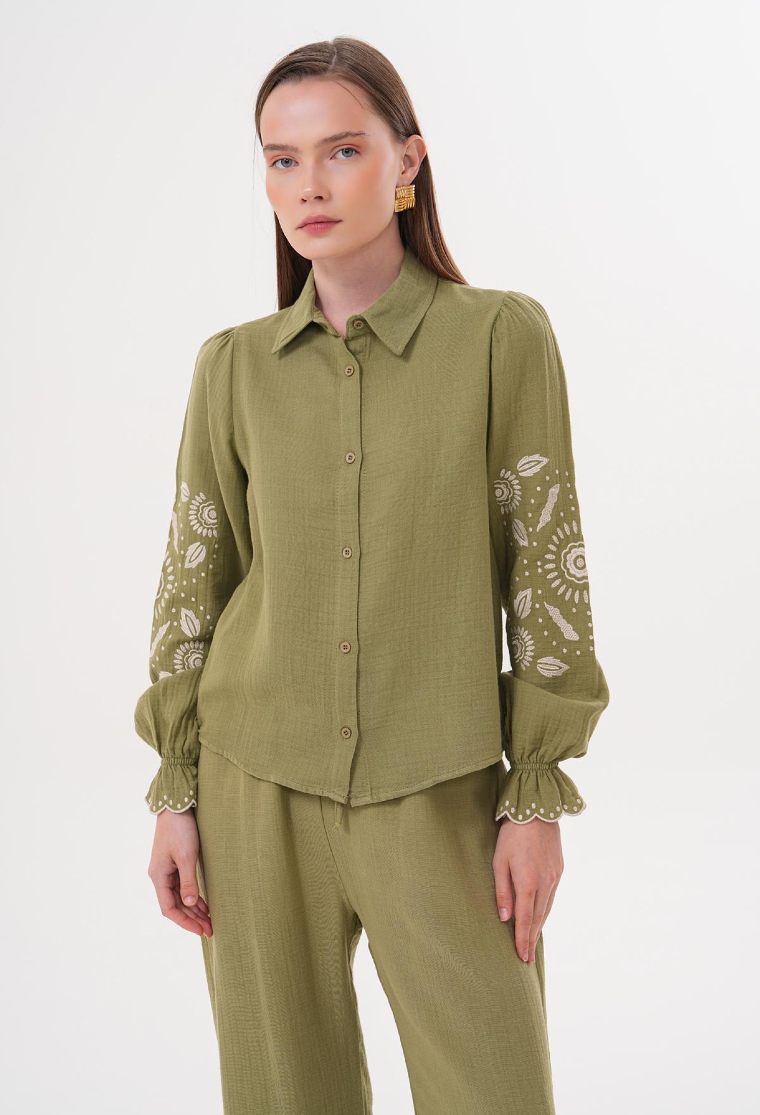 Sleeve Embroidery Detailed Front Buttoned Shirt - Brand: Levure - Women & Kids, Baby Clothes Wholesale - TheBS Women