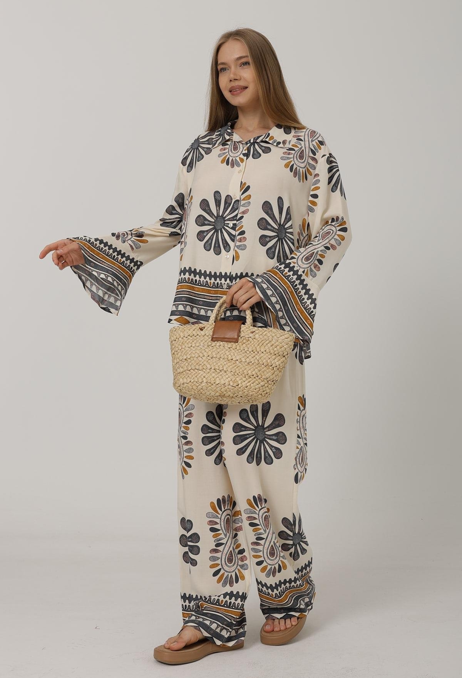 Patterned Sleeves Ruffle Trousers Set - Brand: Reyon - Women & Kids, Baby Clothes Wholesale - TheBS Women