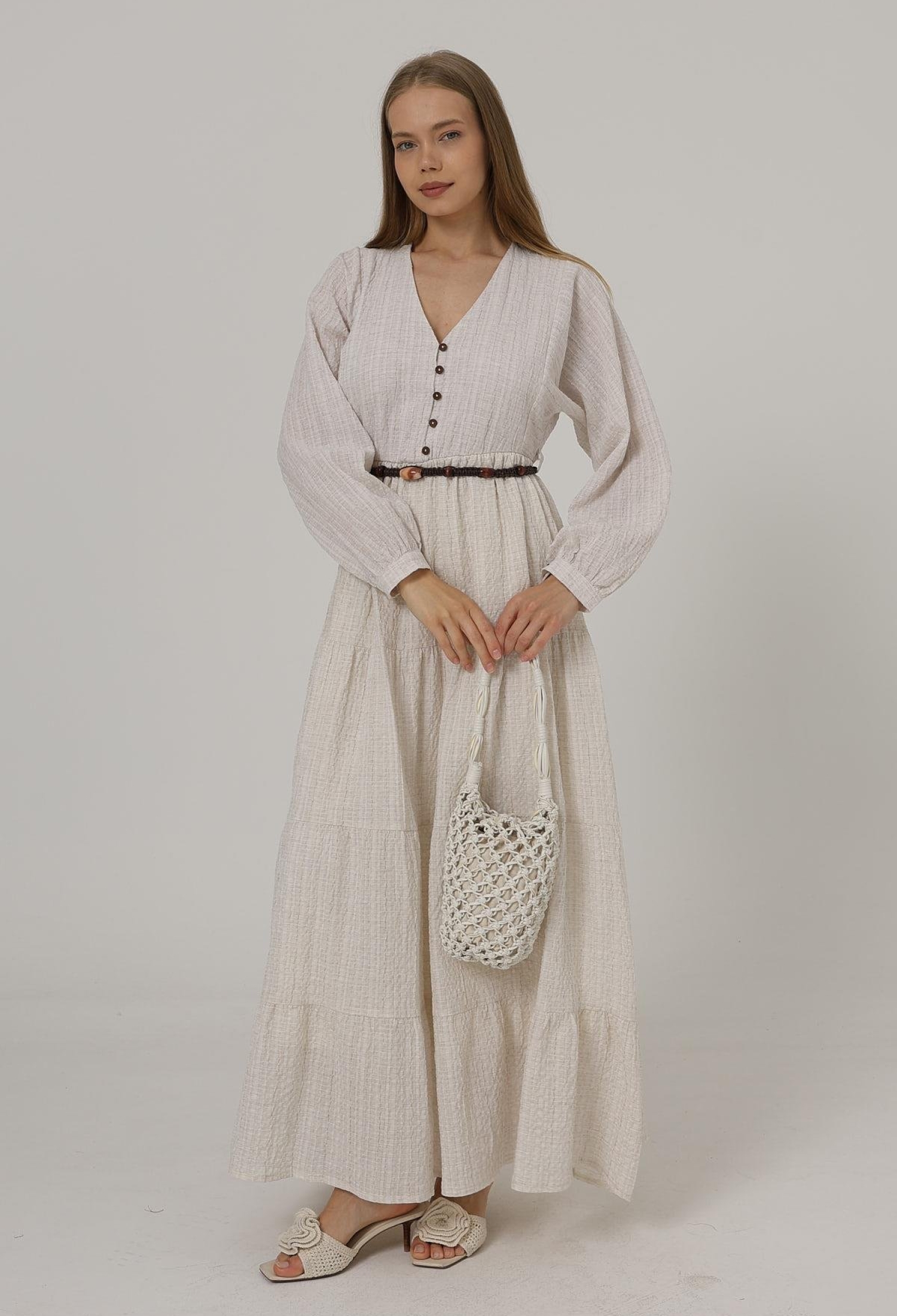 Long Sleeve Belted Dress With Half Button Front - Natural - Brand: Reyon - Women & Kids, Baby Clothes Wholesale - TheBS Women