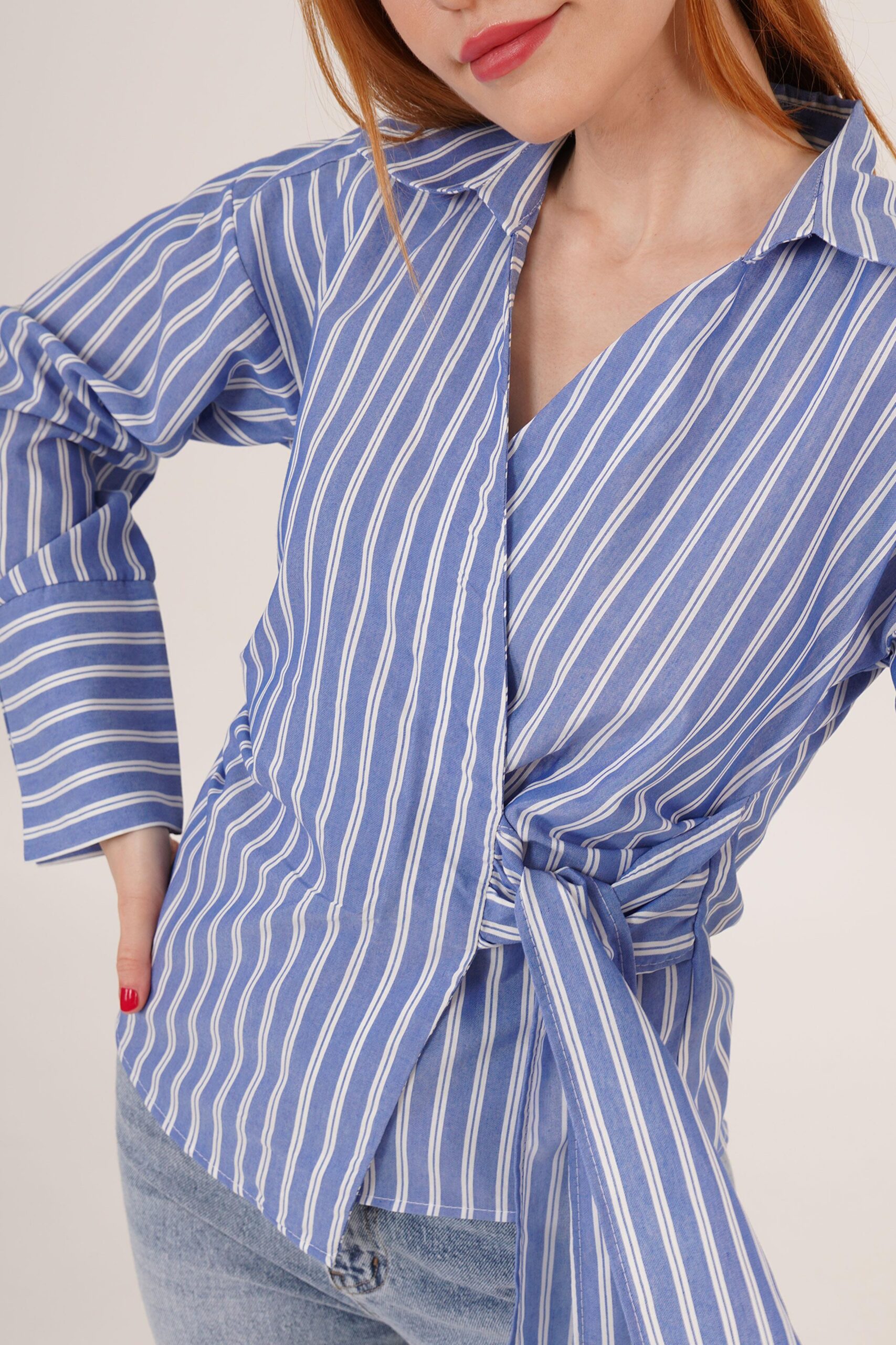 Side Tie Detailed Striped Blue Wholesale Shirt – Brand: Lustrin – Women & Kids, Baby Clothes Wholesale – TheBS Women