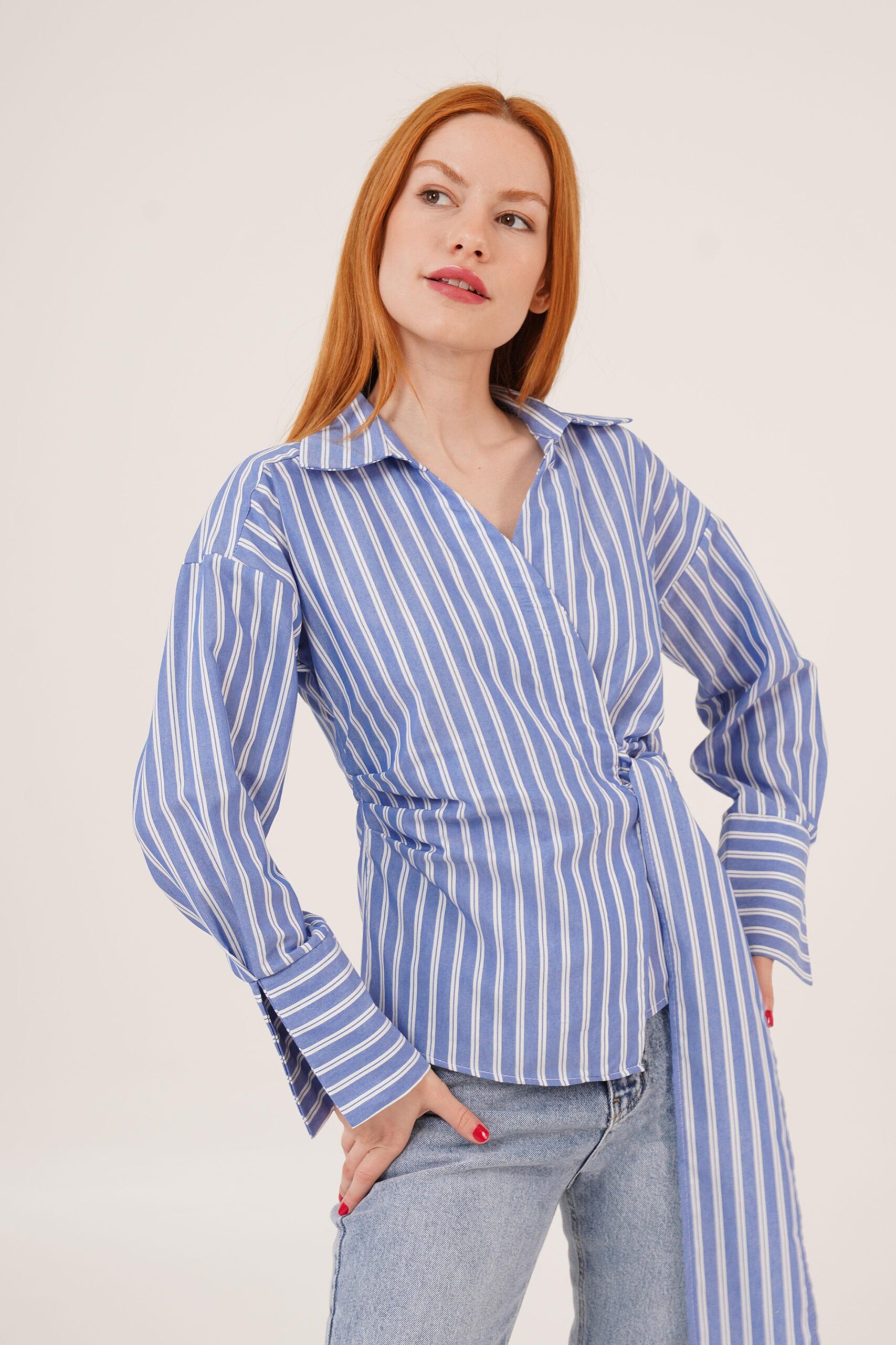 Side Tie Detailed Striped Blue Wholesale Shirt – Brand: Lustrin – Women & Kids, Baby Clothes Wholesale – TheBS Women