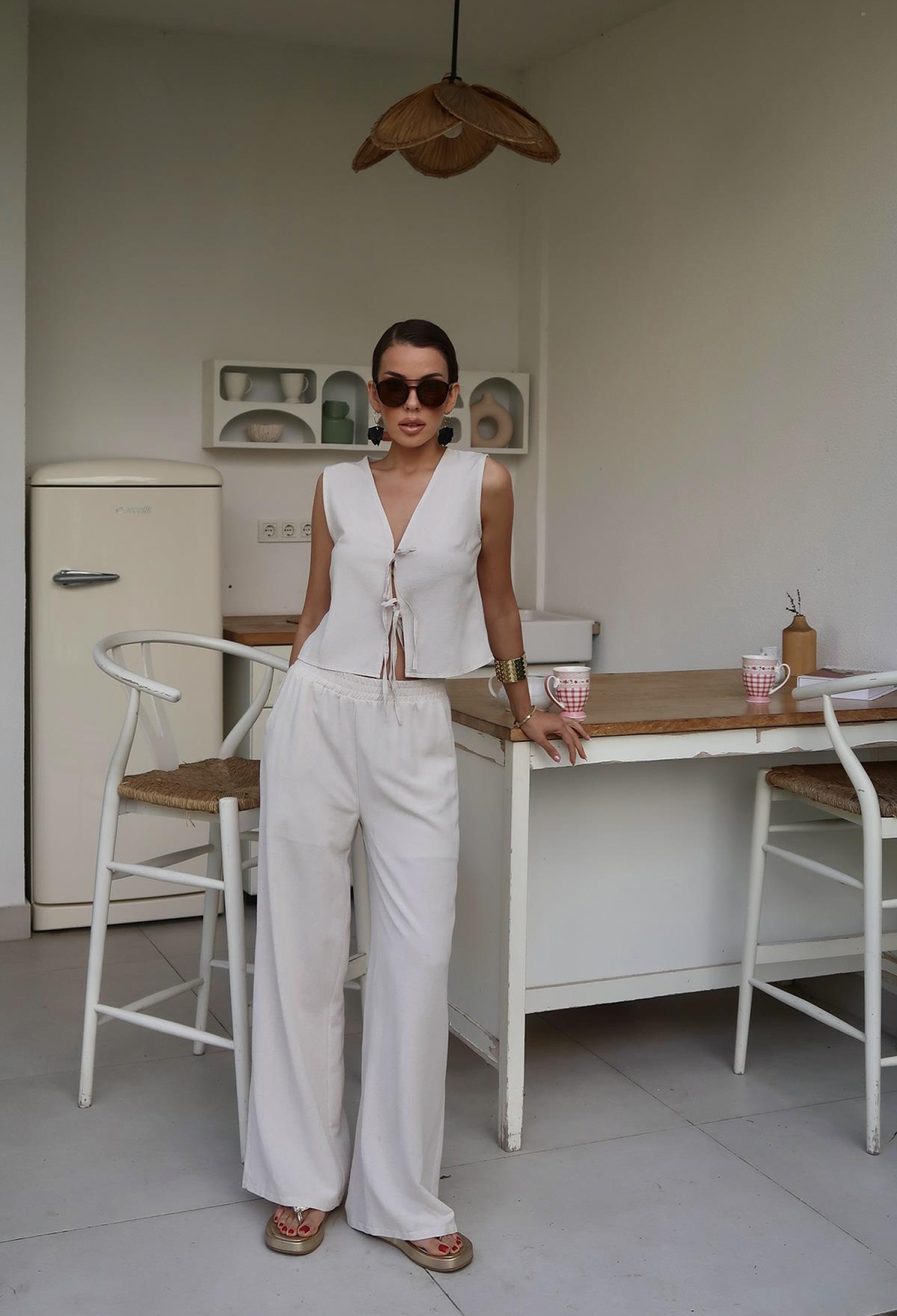 Linen Set With Bow Front - Stone - Brand: Elisa - Women & Kids, Baby Clothes Wholesale - TheBS Women