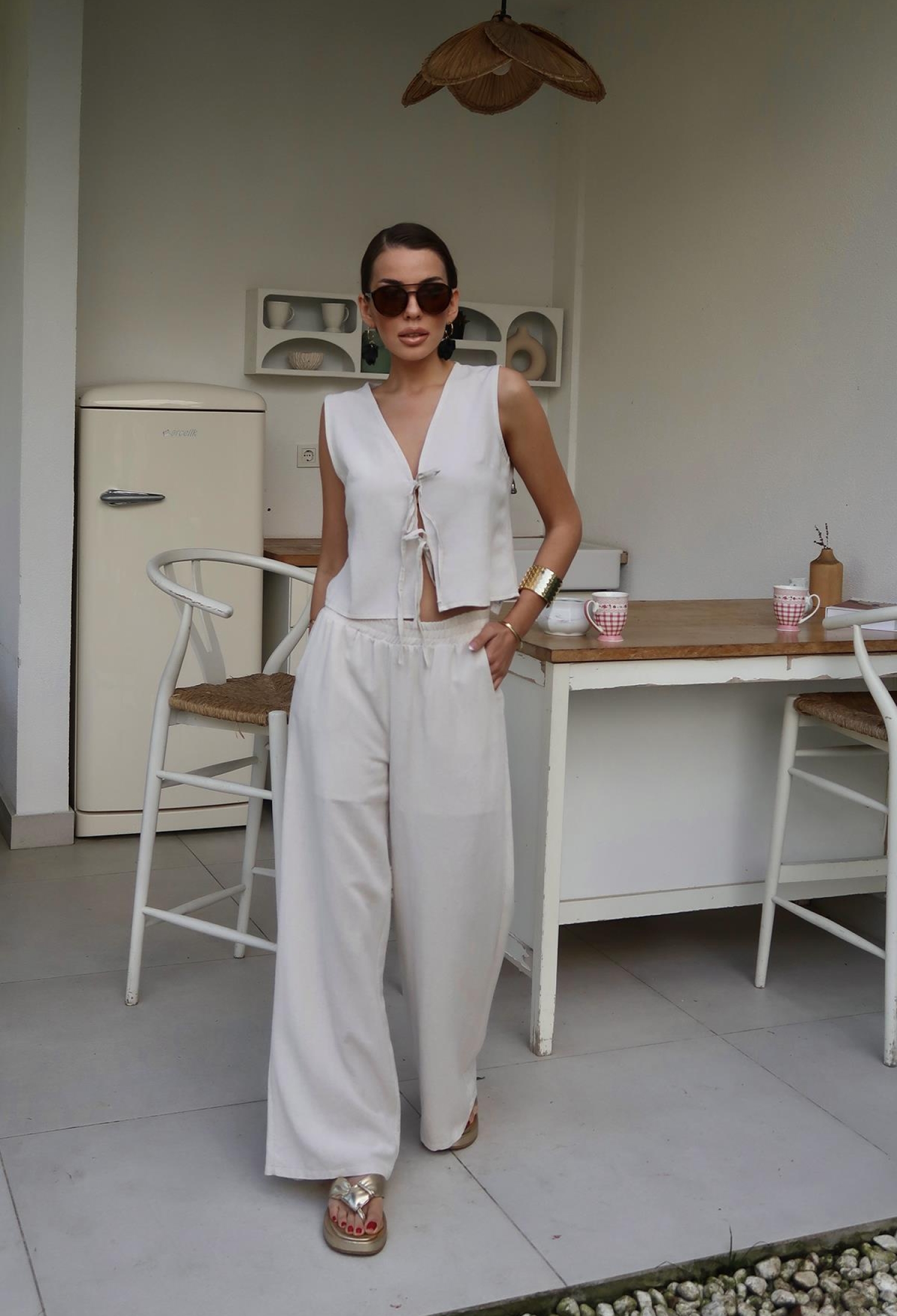 Linen Set With Bow Front - Stone - Brand: Elisa - Women & Kids, Baby Clothes Wholesale - TheBS Women