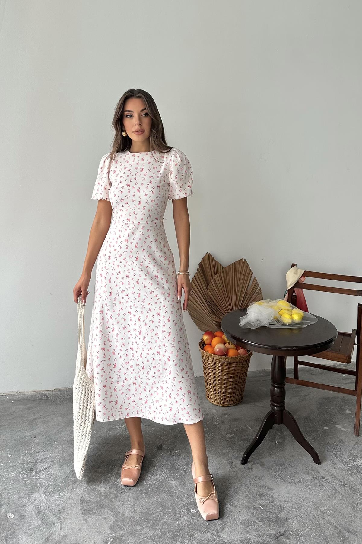 White A-Line Floral Midi Dress With Puff Sleeves - Brand: Elisa - Women & Kids, Baby Clothes Wholesale - TheBS Women