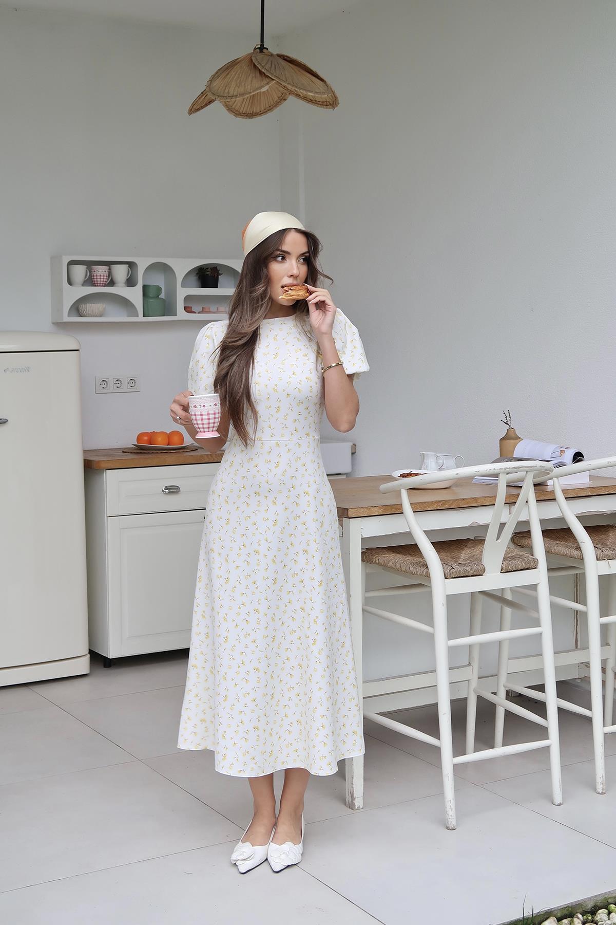 White A-Line Midi Dress With Puff Short Sleeves – Brand: Elisa – Women & Kids, Baby Clothes Wholesale – TheBS Women