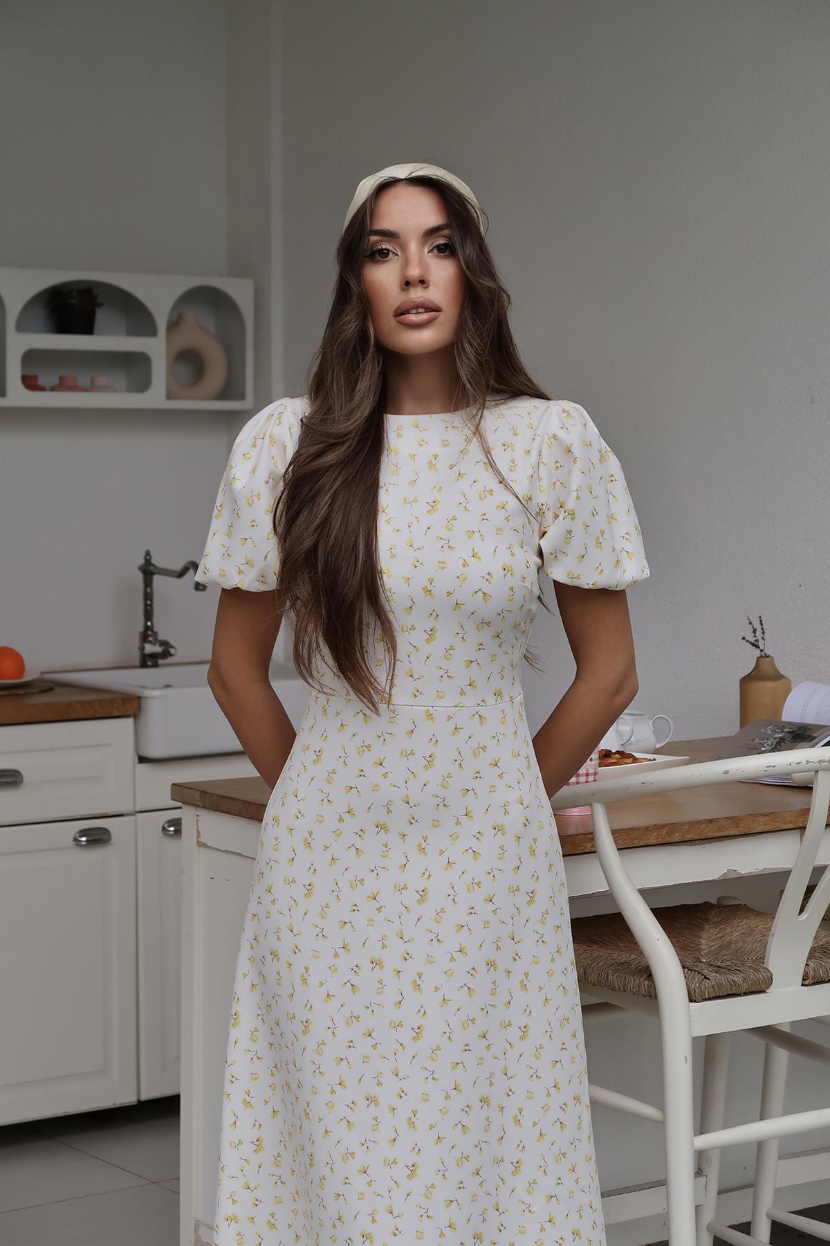 White A-Line Midi Dress With Puff Short Sleeves – Brand: Elisa – Women & Kids, Baby Clothes Wholesale – TheBS Women