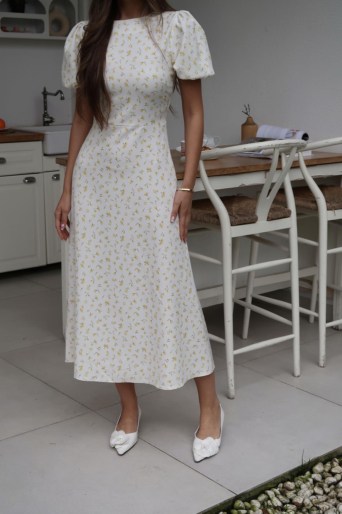 White A-Line Midi Dress With Puff Short Sleeves – Brand: Elisa – Women & Kids, Baby Clothes Wholesale – TheBS Women