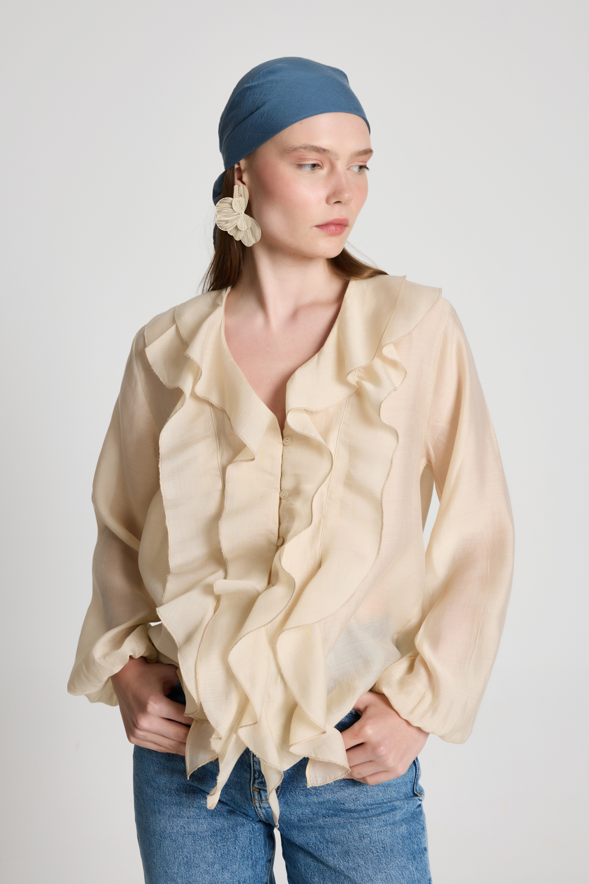 Beige Shirt With V-Neck And Balloon Sleeves - Brand: First Angels - Women & Kids, Baby Clothes Wholesale - TheBS Women Beige Shirt With V-Neck And Balloon Sleeves - Brand: First Angels - Women & Kids, Baby Clothes Wholesale - TheBS Women