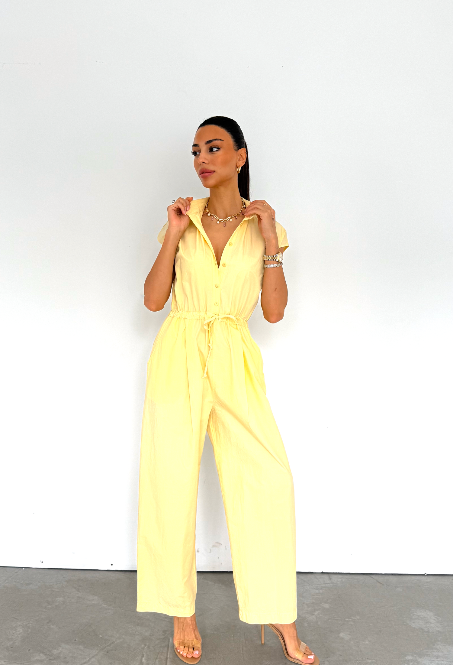 Khaki Casual Buttoned Shirt Jumpsuit With Polo Neck - Brand: Cream Rouge - Women & Kids, Baby Clothes Wholesale - TheBS Women