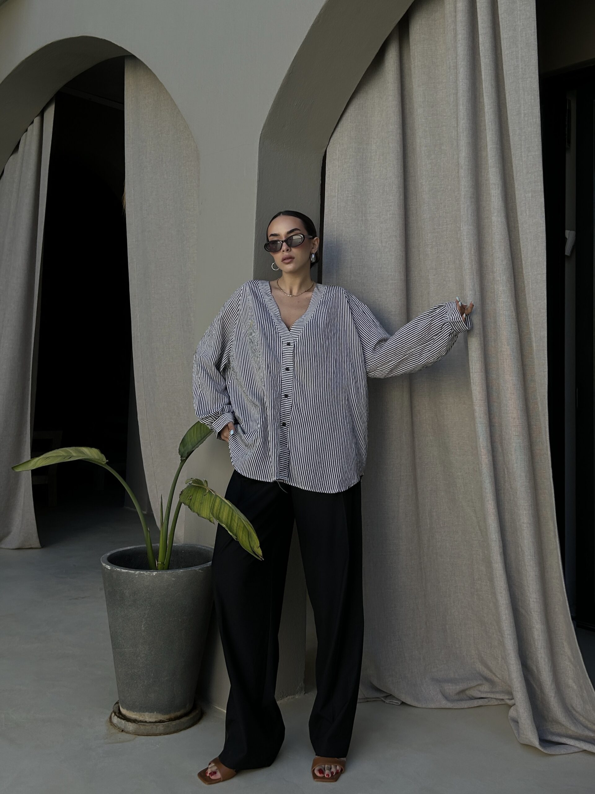 Black Oversized Striped V-Neck Shirt - Brand: First Angels - Women & Kids, Baby Clothes Wholesale - TheBS Women Black Oversized Striped V-Neck Shirt - Brand: First Angels - Women & Kids, Baby Clothes Wholesale - TheBS Women