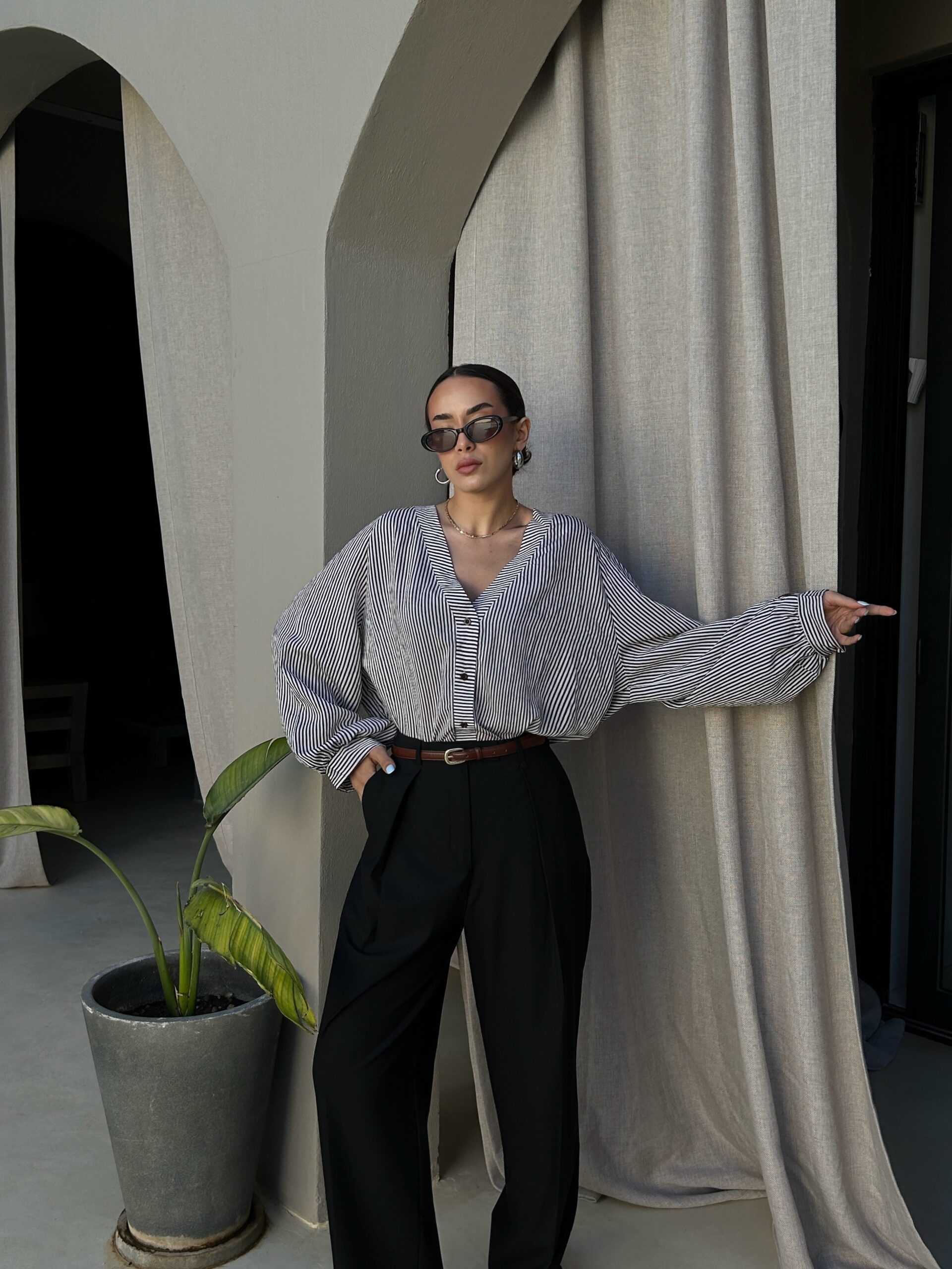 Black Oversized Striped V-Neck Shirt - Brand: First Angels - Women & Kids, Baby Clothes Wholesale - TheBS Women Black Oversized Striped V-Neck Shirt - Brand: First Angels - Women & Kids, Baby Clothes Wholesale - TheBS Women