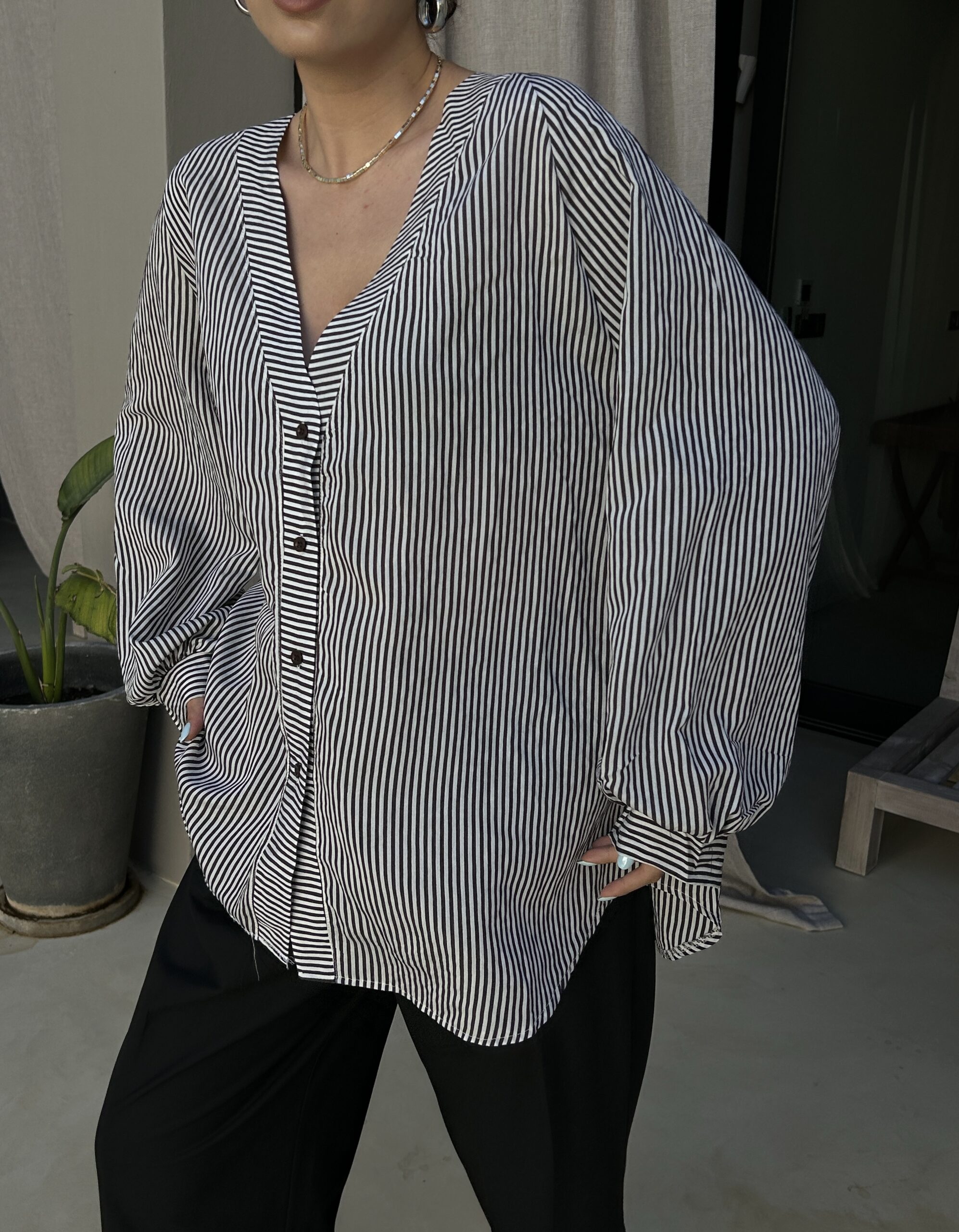 Black Oversized Striped V-Neck Shirt - Brand: First Angels - Women & Kids, Baby Clothes Wholesale - TheBS Women Black Oversized Striped V-Neck Shirt - Brand: First Angels - Women & Kids, Baby Clothes Wholesale - TheBS Women