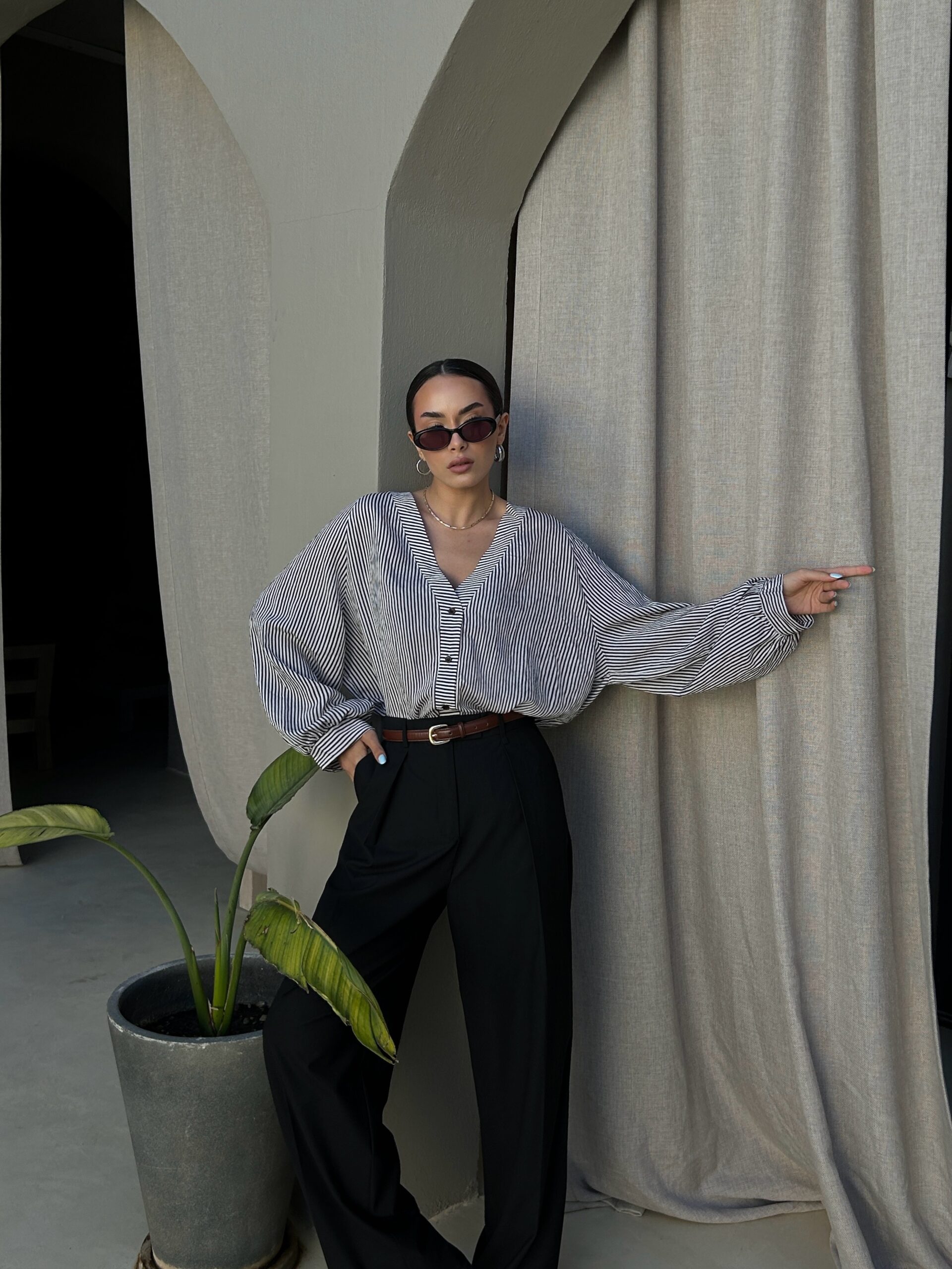 Black Oversized Striped V-Neck Shirt - Brand: First Angels - Women & Kids, Baby Clothes Wholesale - TheBS Women Black Oversized Striped V-Neck Shirt - Brand: First Angels - Women & Kids, Baby Clothes Wholesale - TheBS Women