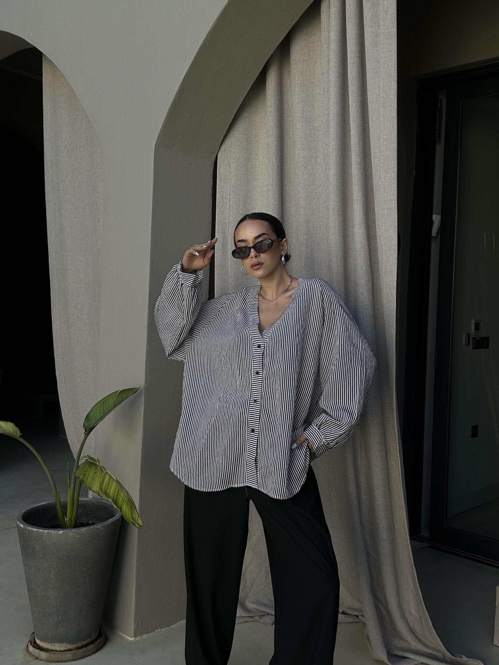 Black Oversized Striped V-Neck Shirt - Brand: First Angels - Women & Kids, Baby Clothes Wholesale - TheBS Women Black Oversized Striped V-Neck Shirt - Brand: First Angels - Women & Kids, Baby Clothes Wholesale - TheBS Women