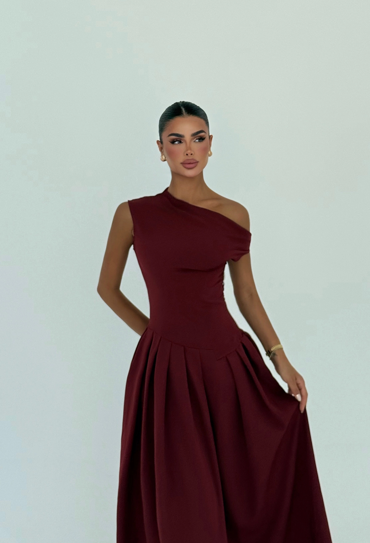 Claret Red Elegant A-Line Dress With One Shoulder Neck - Brand: EYYO ATELIER - Women & Kids, Baby Clothes Wholesale - TheBS Women