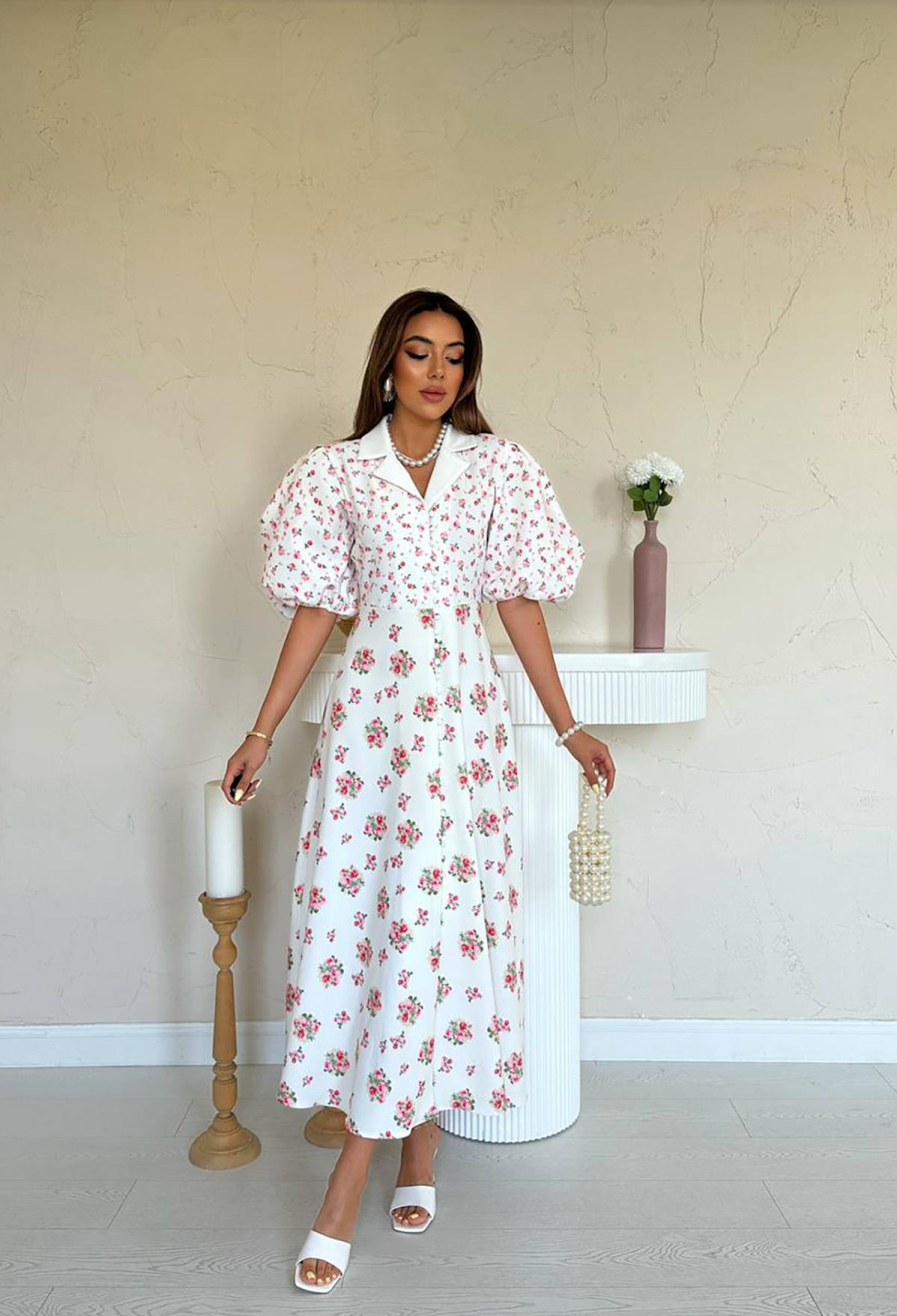 White Elegant A-Line Dress With Floral Pattern - Brand: Elisa - Women & Kids, Baby Clothes Wholesale - TheBS Women