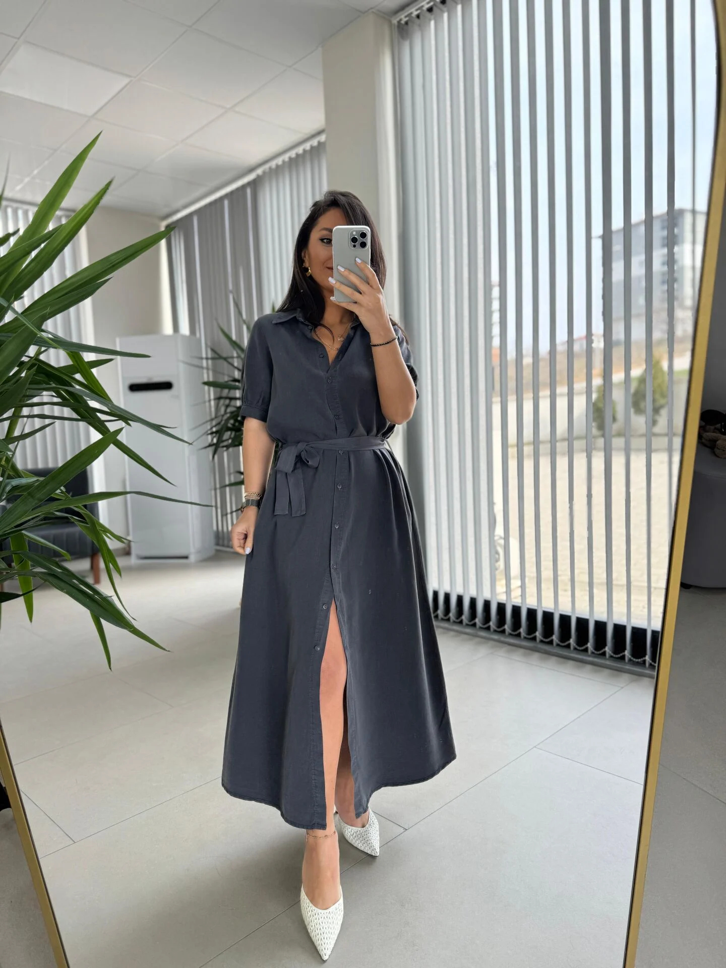 Grey Elegant Floor Length Shirt Dress - Brand: Cream Rouge - Women & Kids, Baby Clothes Wholesale - TheBS Women