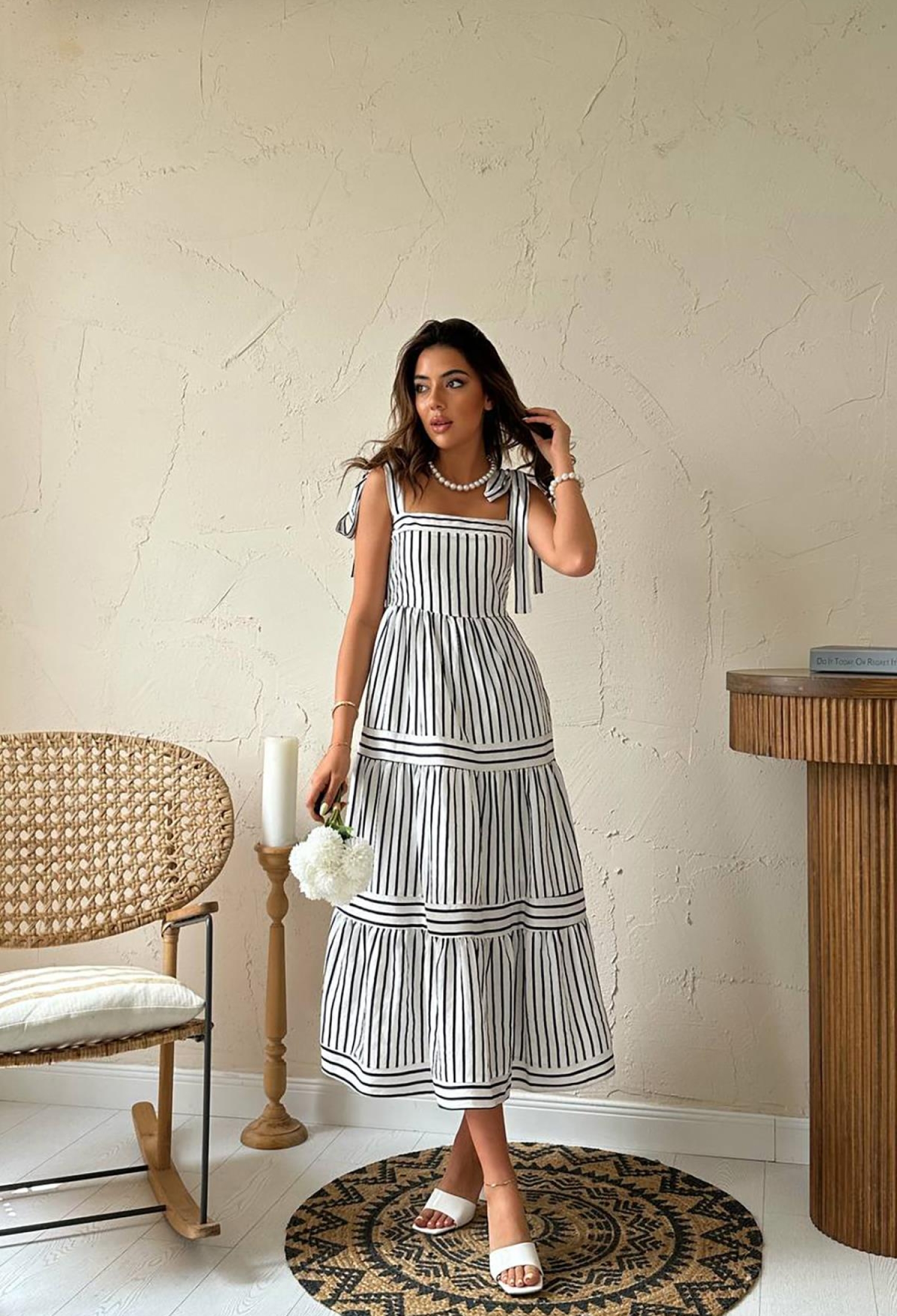 White A-Line Striped Midi Dress With Square Neck - Brand: Elisa - Women & Kids, Baby Clothes Wholesale - TheBS Women