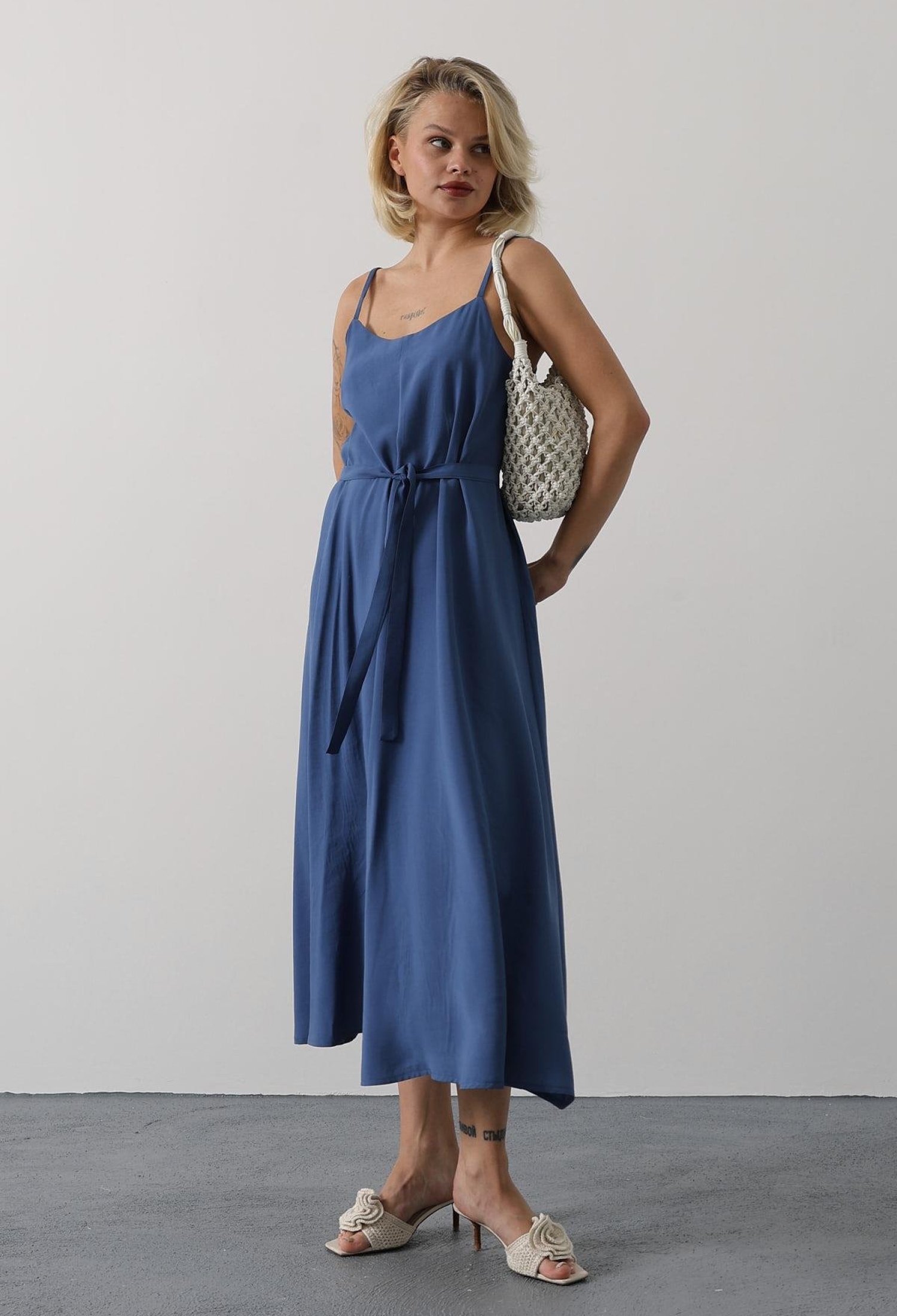 Blue Slip Dress With Square Neck For Work And Party - Brand: Reyon - Women & Kids, Baby Clothes Wholesale - TheBS Women