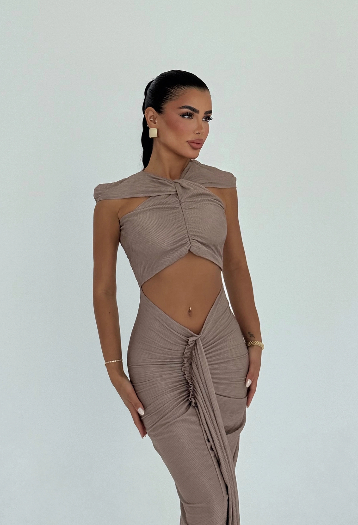 Sexy Elegant Beige Cut-Out Floor Length Dress - Brand: EYYO ATELIER - Women & Kids, Baby Clothes Wholesale - TheBS Women