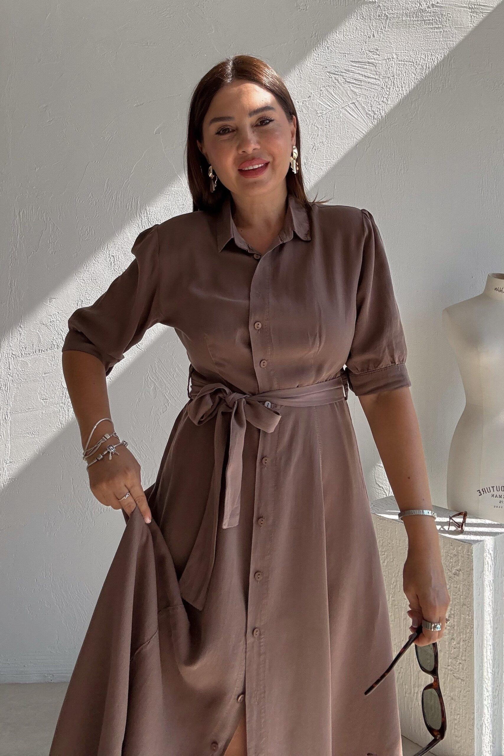 Brown Elegant Shirt Dress With Shawl Collar – Midi – Brand: Cream Rouge – Women & Kids, Baby Clothes Wholesale – TheBS Women