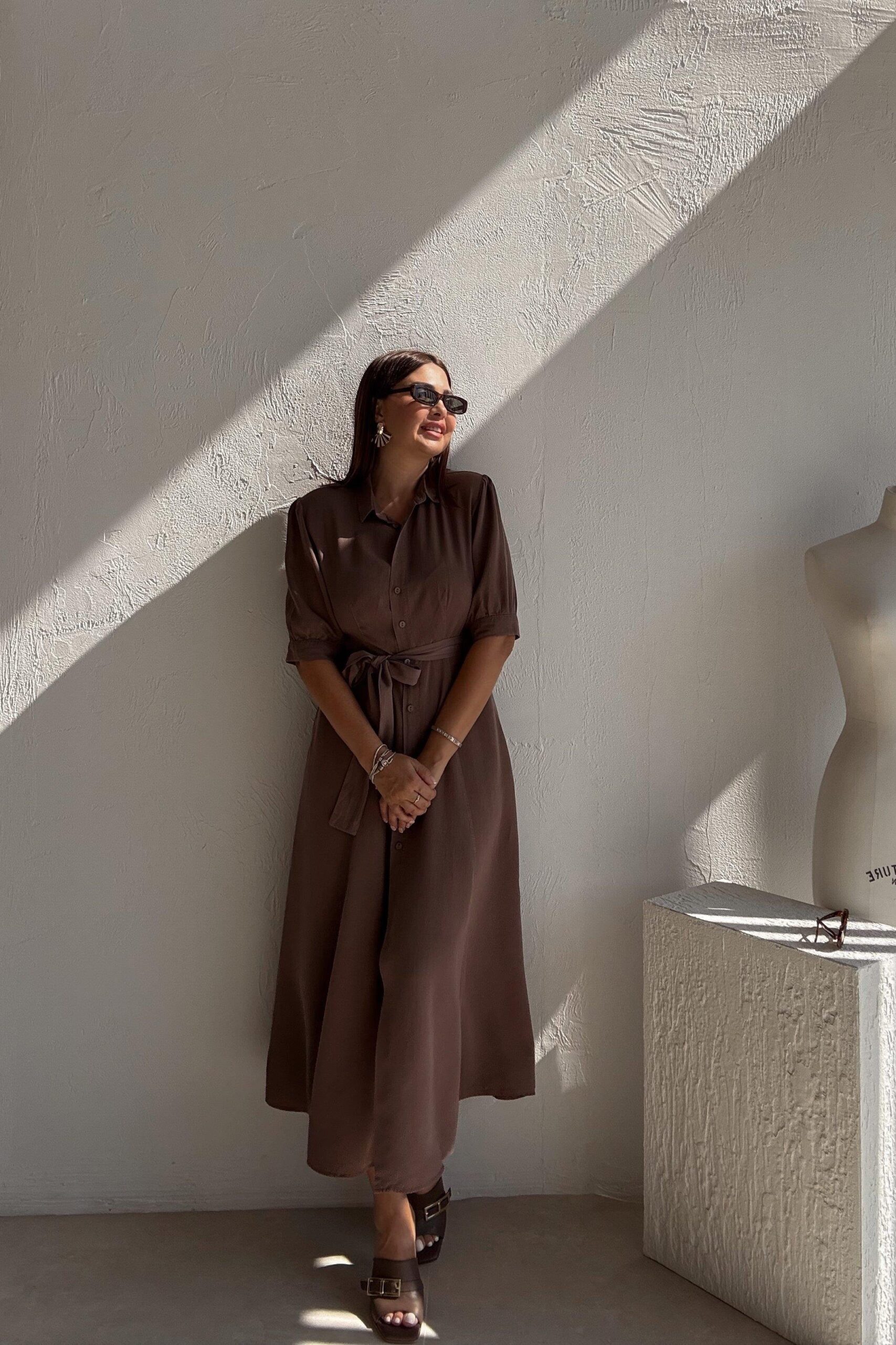 Brown Elegant Shirt Dress With Shawl Collar – Midi – Brand: Cream Rouge – Women & Kids, Baby Clothes Wholesale – TheBS Women