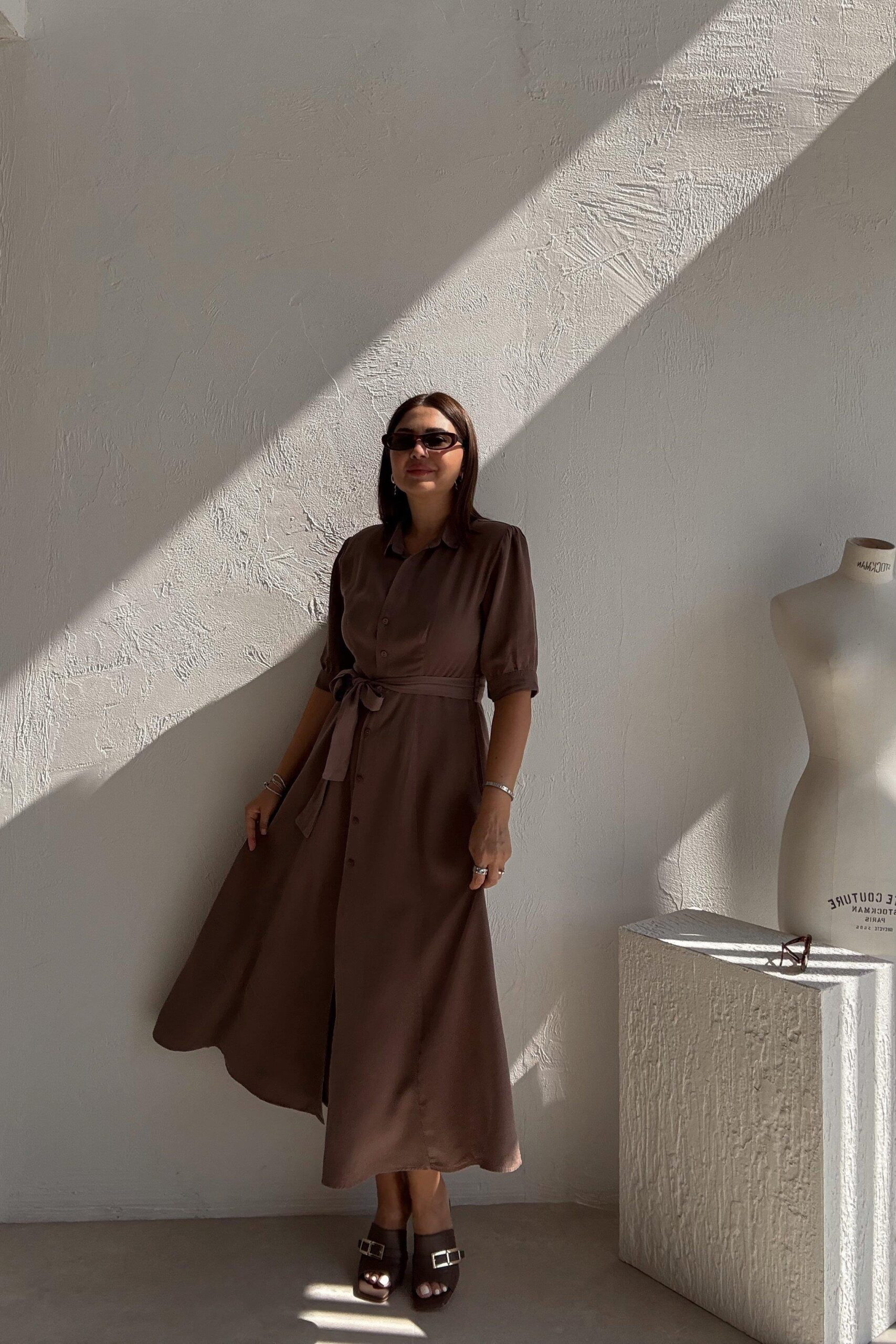 Brown Elegant Shirt Dress With Shawl Collar – Midi – Brand: Cream Rouge – Women & Kids, Baby Clothes Wholesale – TheBS Women