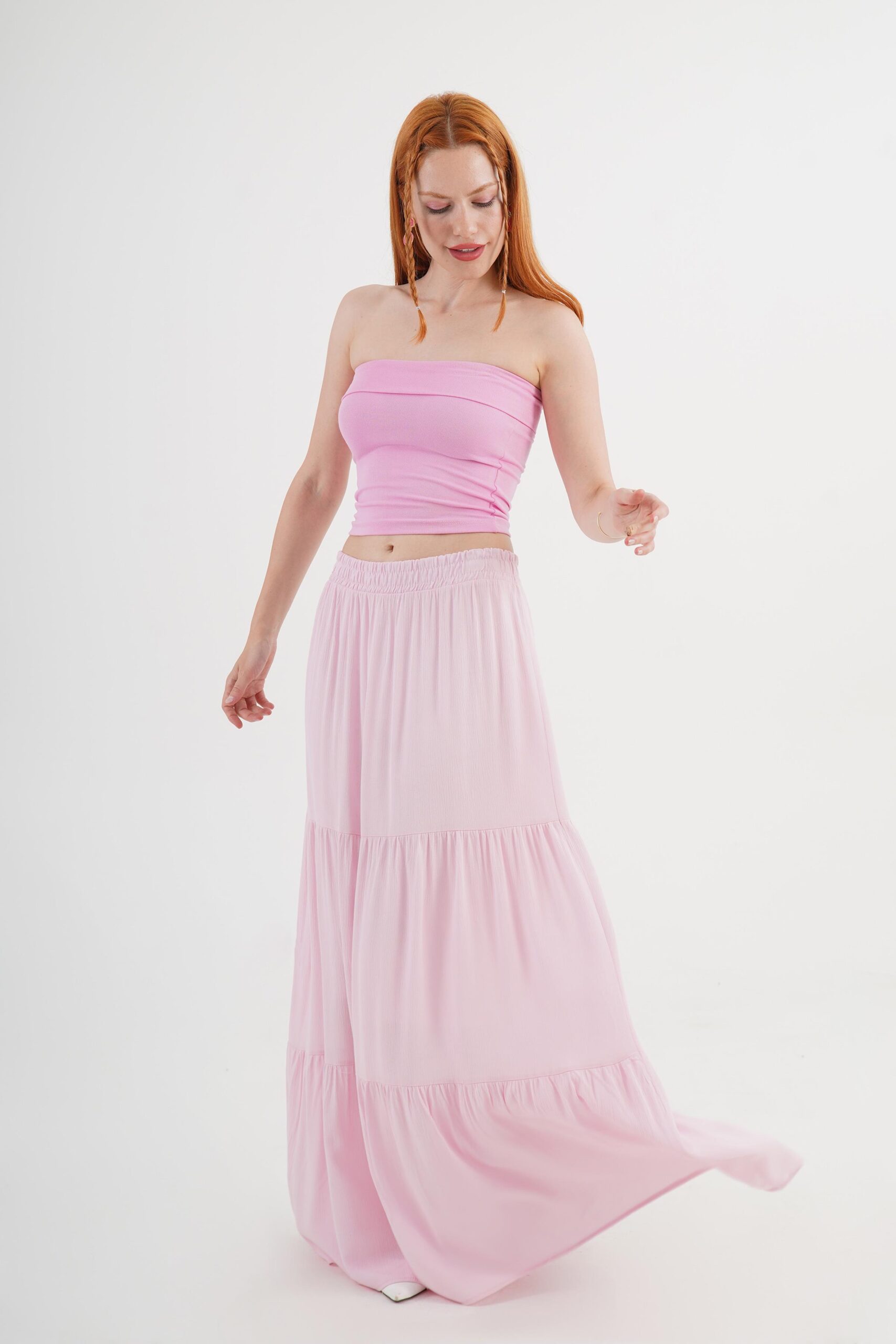 Pink Layered Maxi Skirt Mid Waist Casual Boho – Brand: Lustrin – Women & Kids, Baby Clothes Wholesale – TheBS Women