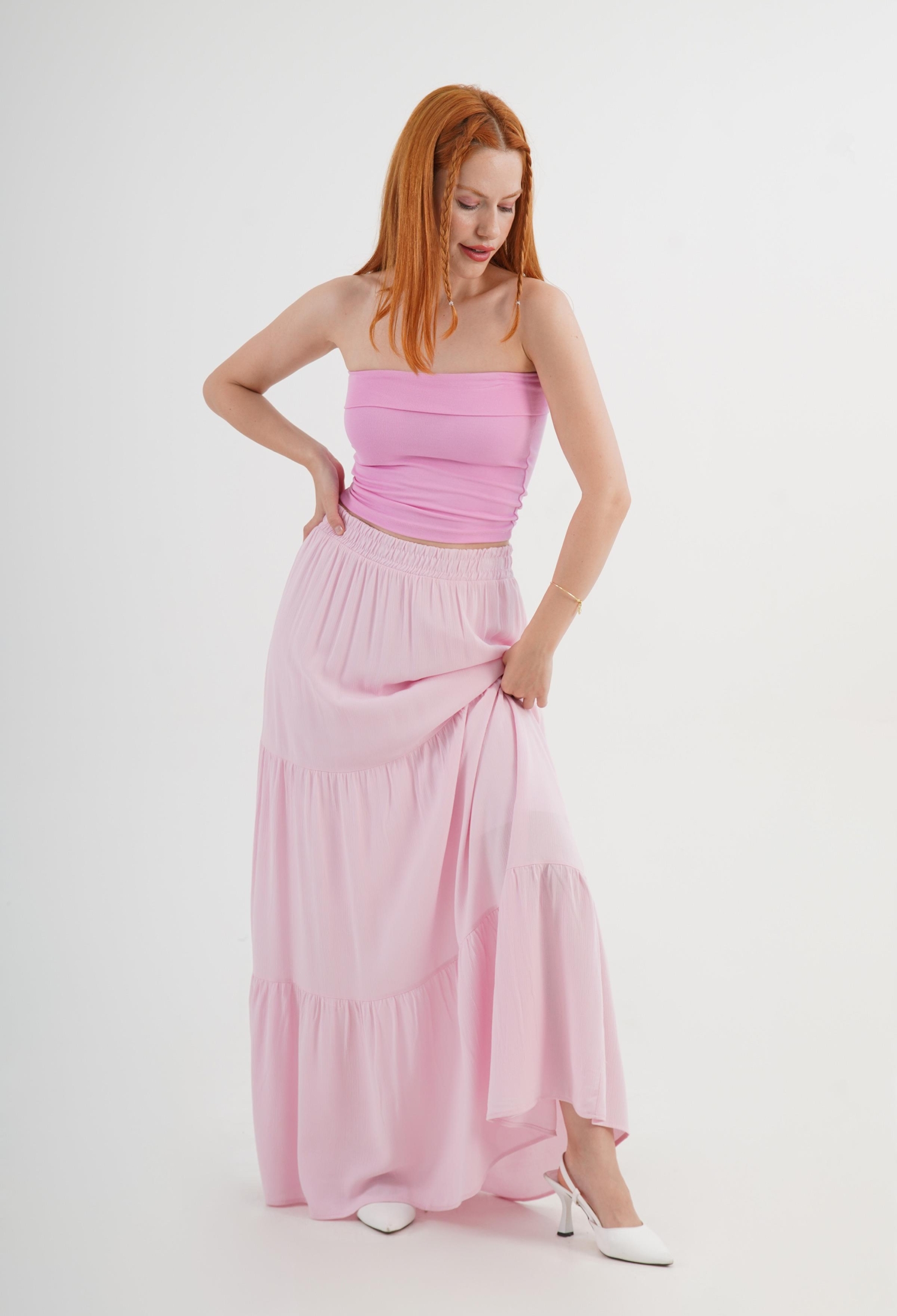 Pink Layered Maxi Skirt Mid Waist Casual Boho - Brand: Lustrin - Women & Kids, Baby Clothes Wholesale - TheBS Women