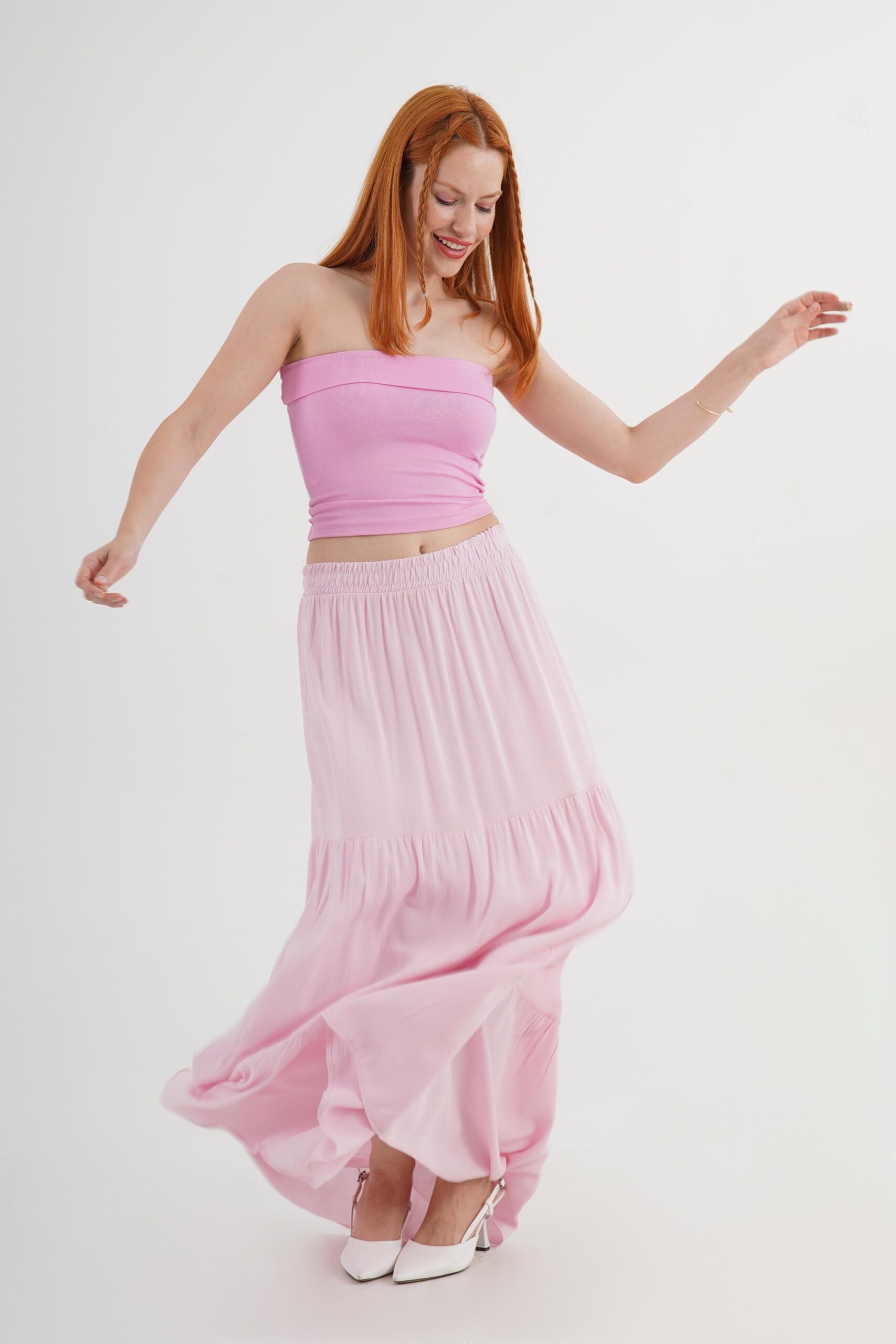 Pink Layered Maxi Skirt Mid Waist Casual Boho – Brand: Lustrin – Women & Kids, Baby Clothes Wholesale – TheBS Women