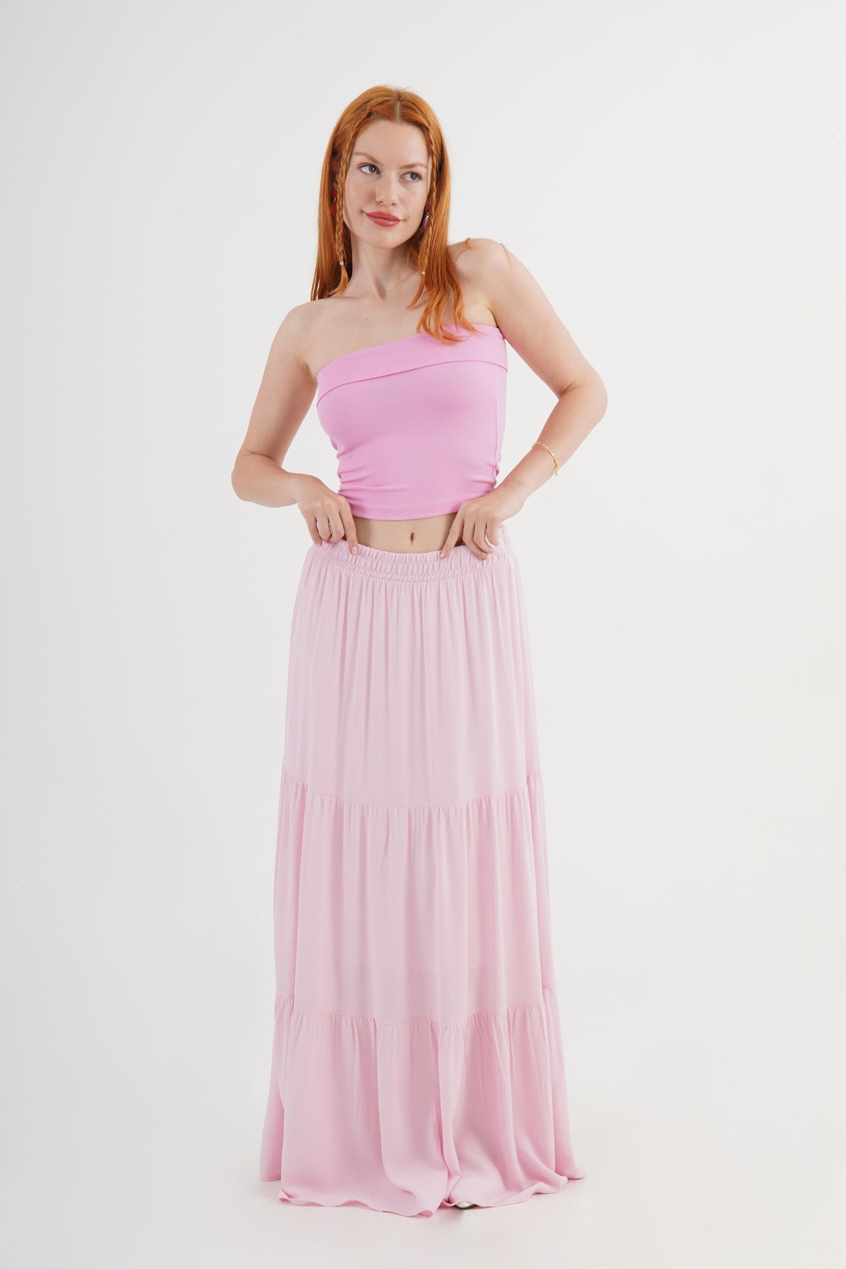 Pink Layered Maxi Skirt Mid Waist Casual Boho – Brand: Lustrin – Women & Kids, Baby Clothes Wholesale – TheBS Women