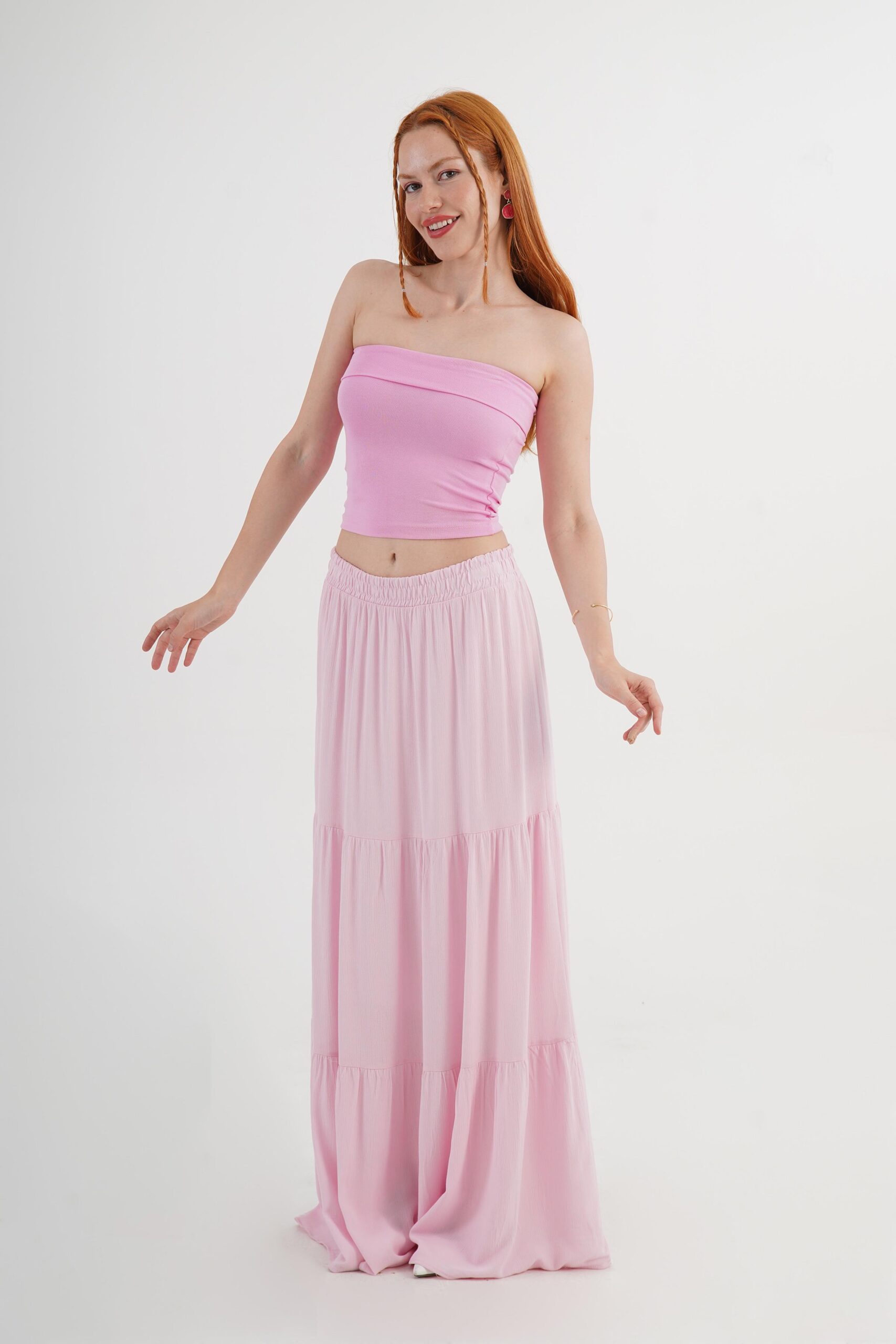 Pink Layered Maxi Skirt Mid Waist Casual Boho – Brand: Lustrin – Women & Kids, Baby Clothes Wholesale – TheBS Women