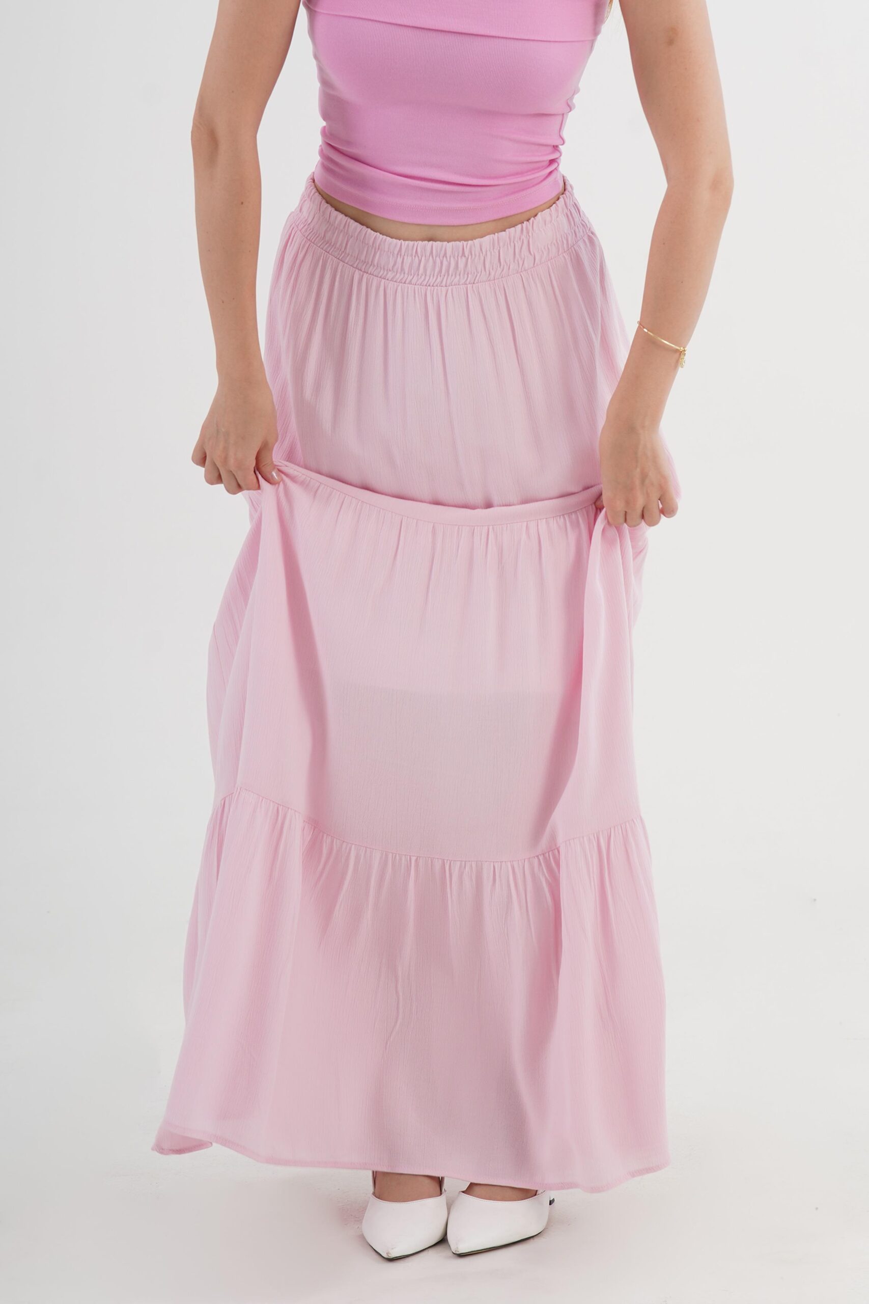 Pink Layered Maxi Skirt Mid Waist Casual Boho – Brand: Lustrin – Women & Kids, Baby Clothes Wholesale – TheBS Women