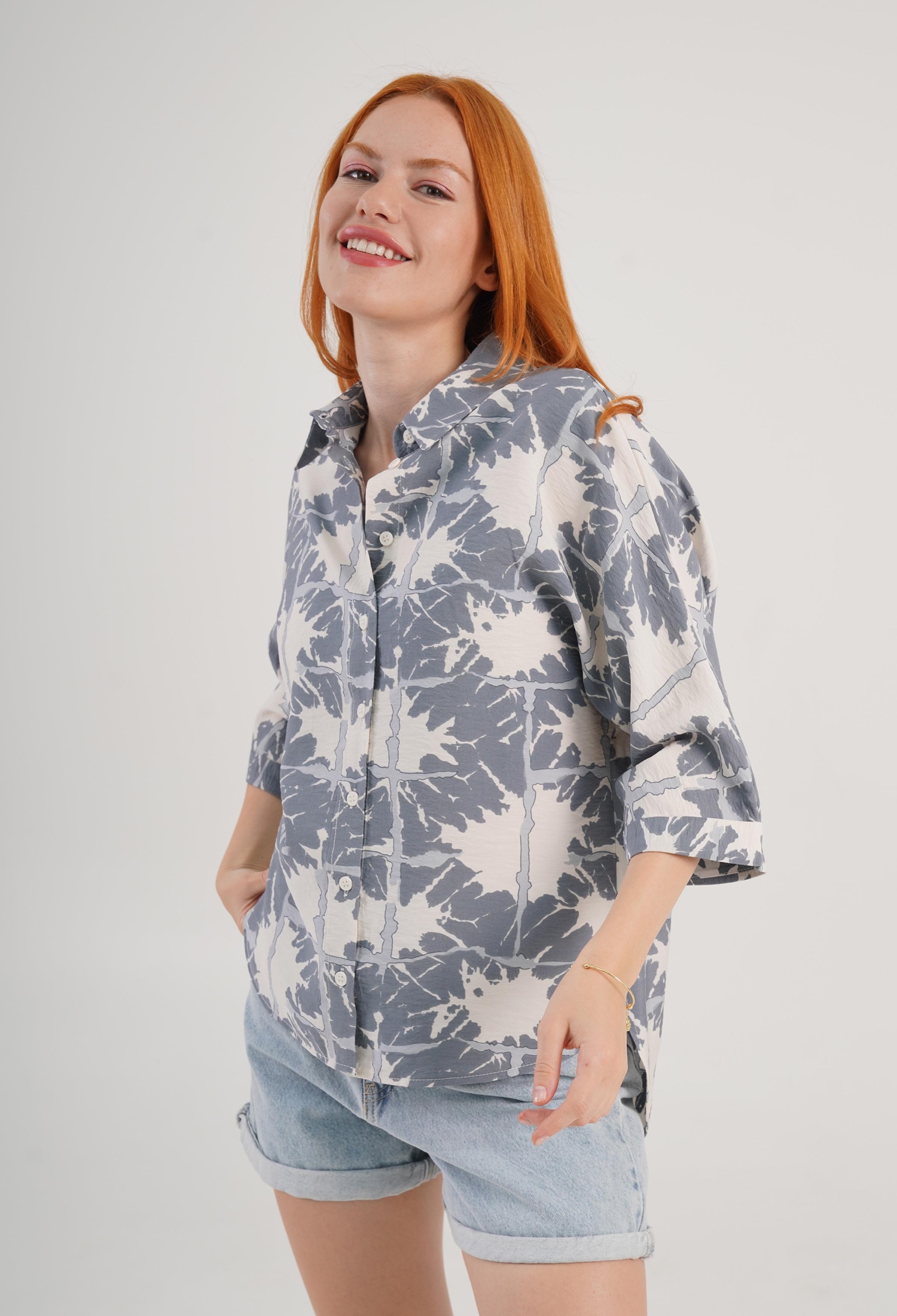 Grey Floral Oversized Fit Polo Neck Shirt - Brand: Lustrin - Women & Kids, Baby Clothes Wholesale - TheBS Women