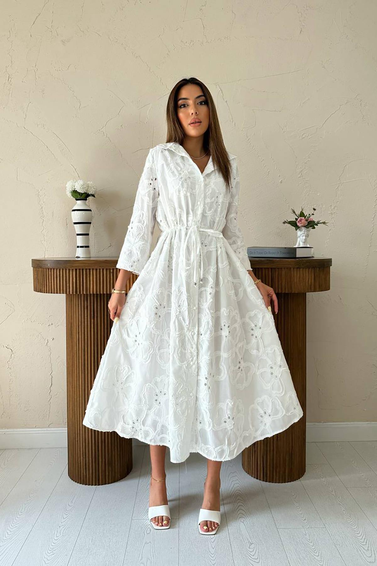 White Floral Midi Shirt Dress With Notched Neck – Brand: Elisa – Women & Kids, Baby Clothes Wholesale – TheBS Women