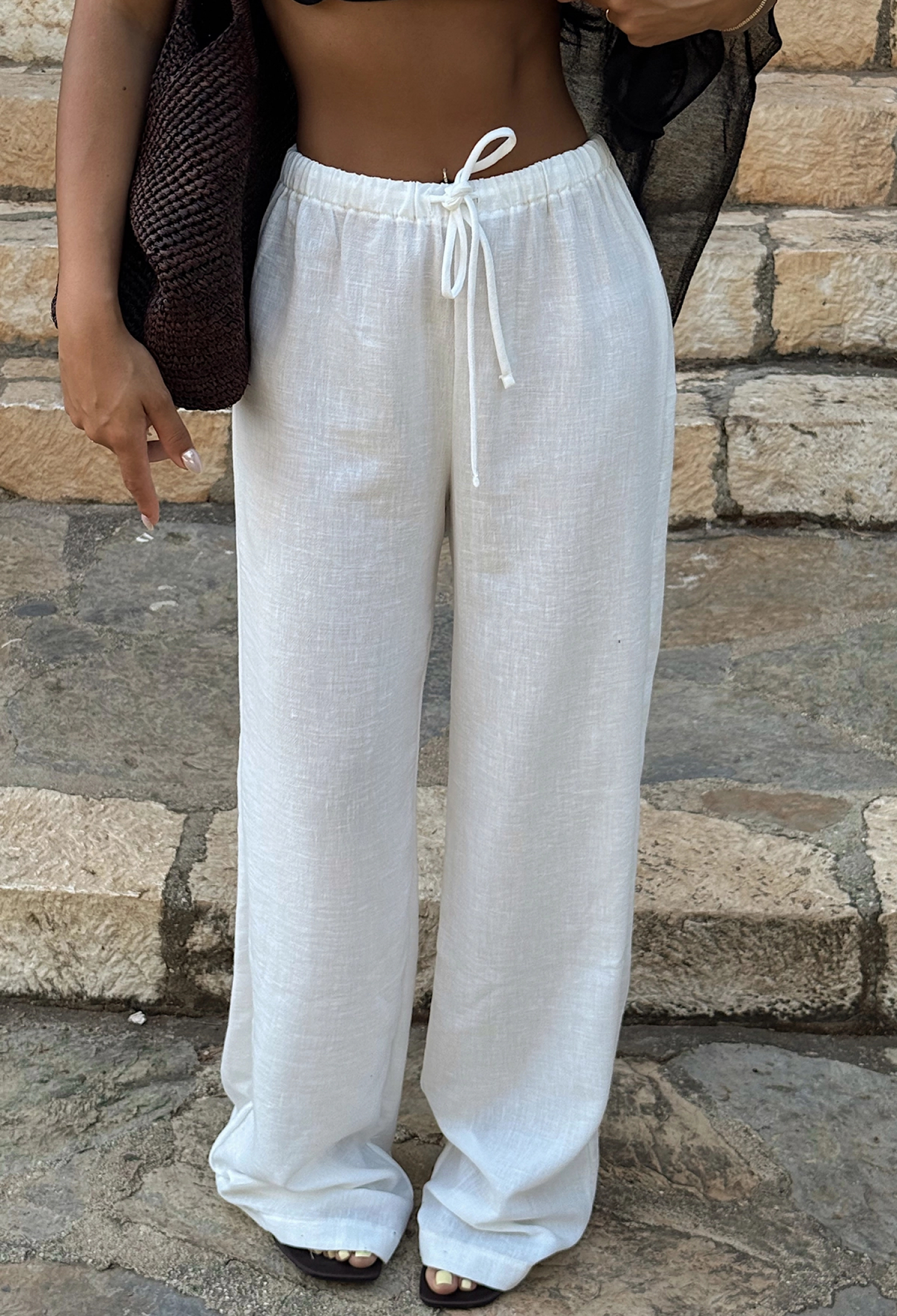 White Palazzo Pants With Drawstring Waist - Brand: EYYO ATELIER - Women & Kids, Baby Clothes Wholesale - TheBS Women