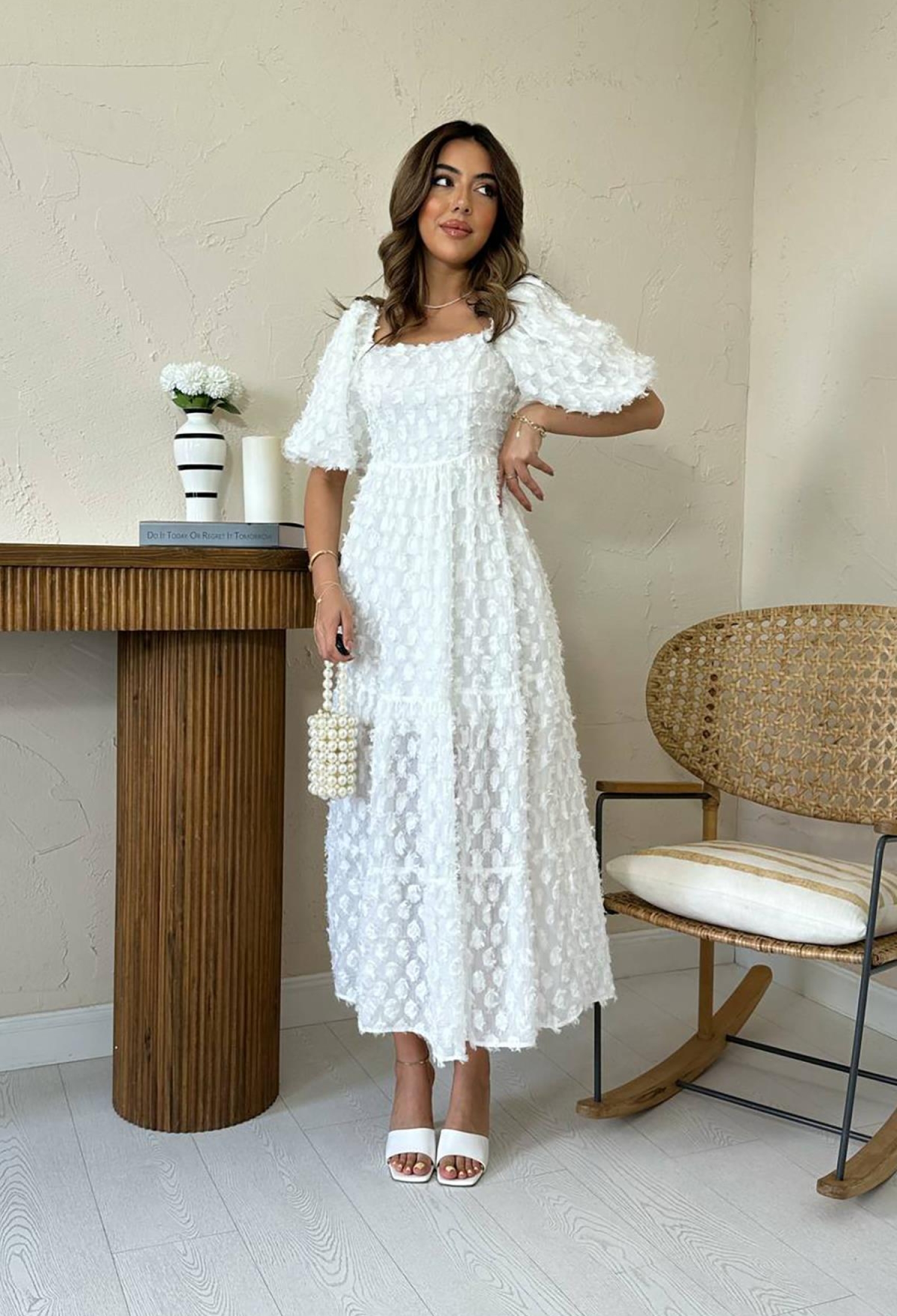 Elegant White A-Line Midi Dress With Puff Half Sleeves - Brand: Elisa - Women & Kids, Baby Clothes Wholesale - TheBS Women