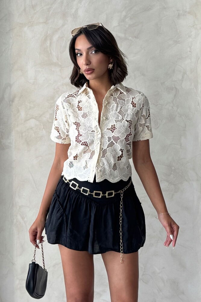 White Floral Crop Shirt With Notched Neck - Brand: Topshow - Women & Kids, Baby Clothes Wholesale - TheBS Women