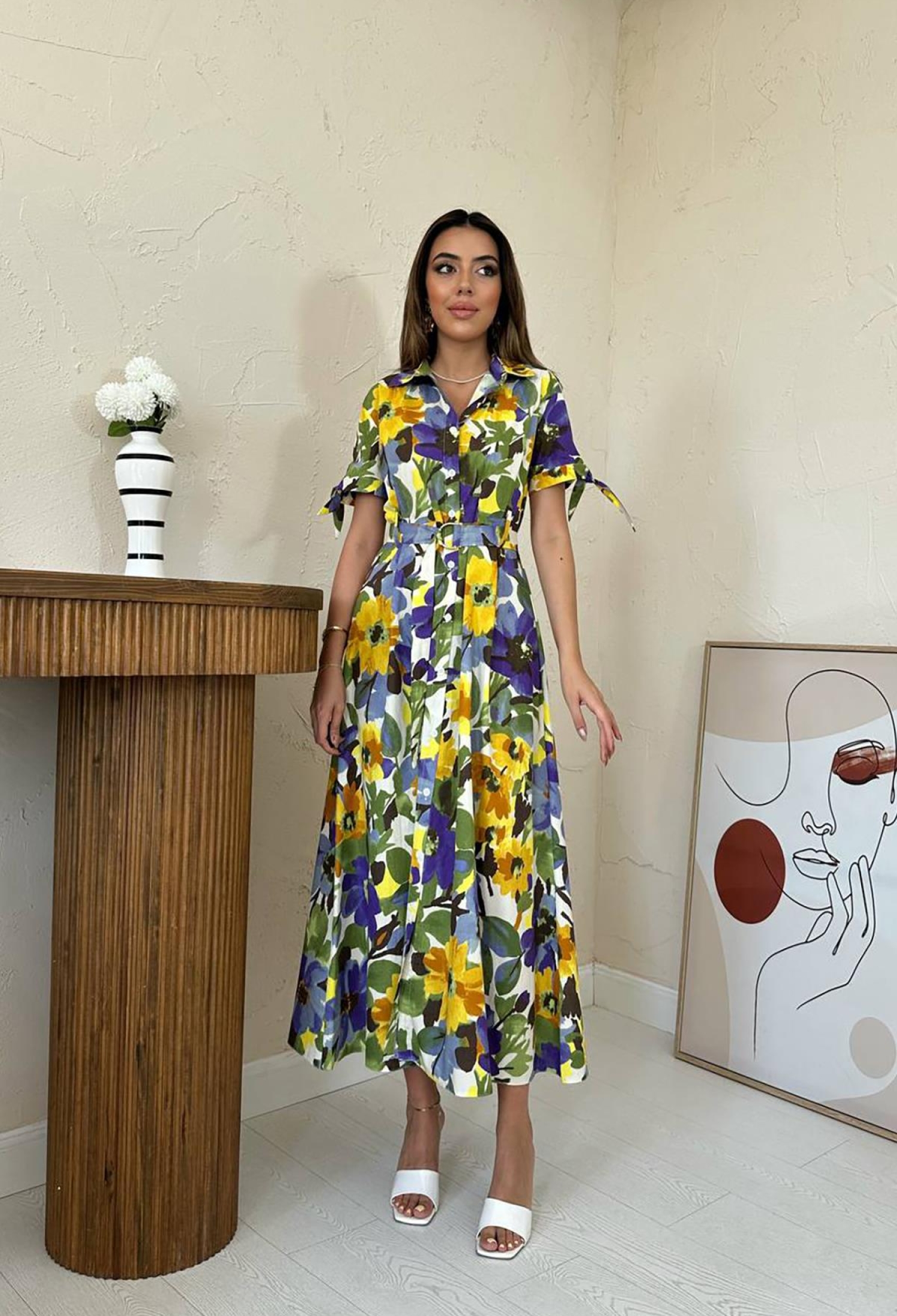 Yellow Floral Shirt Dress With Ruffle Sleeves - Brand: Elisa - Women & Kids, Baby Clothes Wholesale - TheBS Women