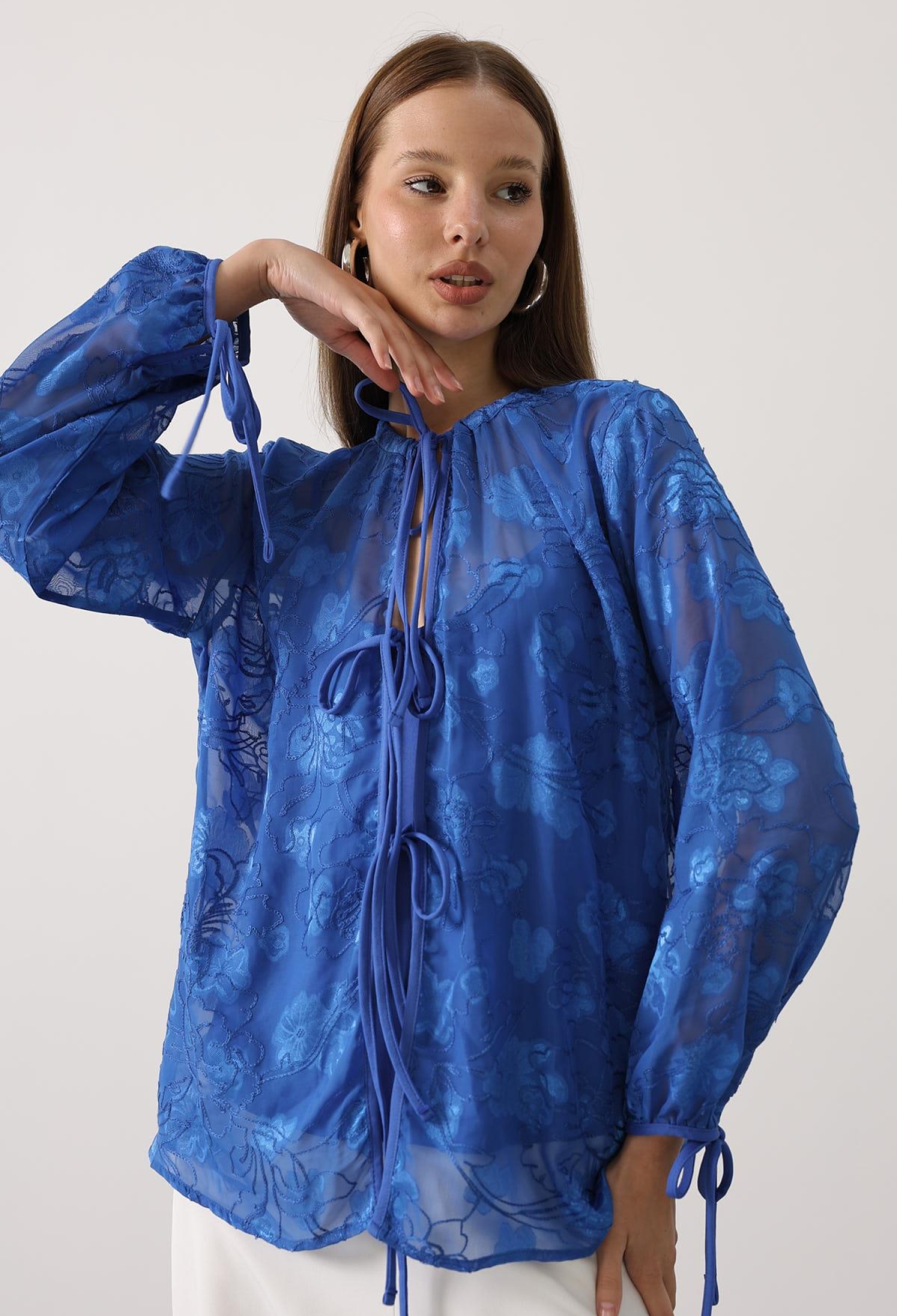 Elegant Blue Floral Long Sleeve Blouse - Brand: Reyon - Women & Kids, Baby Clothes Wholesale - TheBS Women