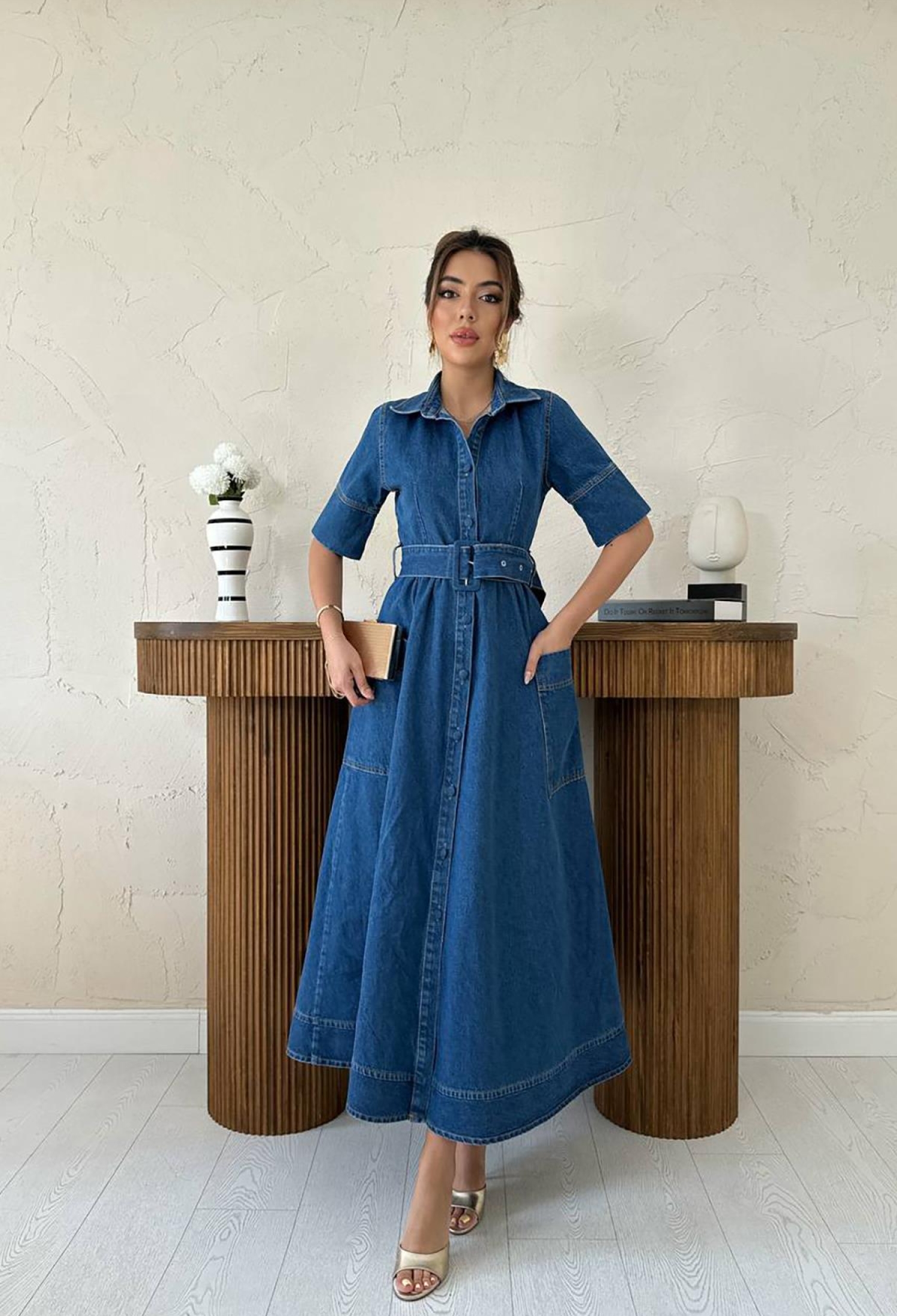 Blue Elegant Shirt Dress With Notched Neck - Brand: Elisa - Women & Kids, Baby Clothes Wholesale - TheBS Women