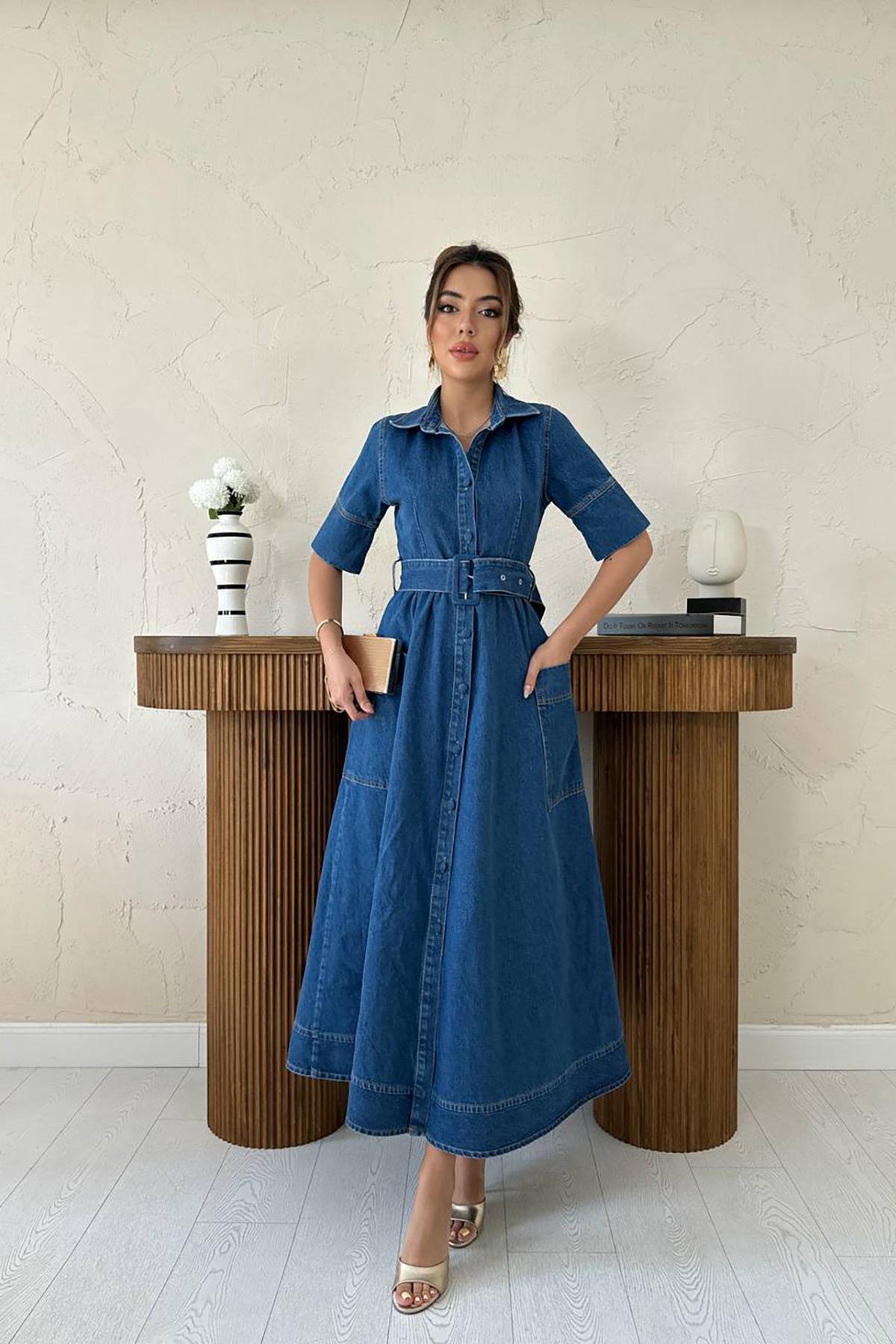 Blue Elegant Shirt Dress With Notched Neck - Brand: Elisa - Women & Kids, Baby Clothes Wholesale - TheBS Women