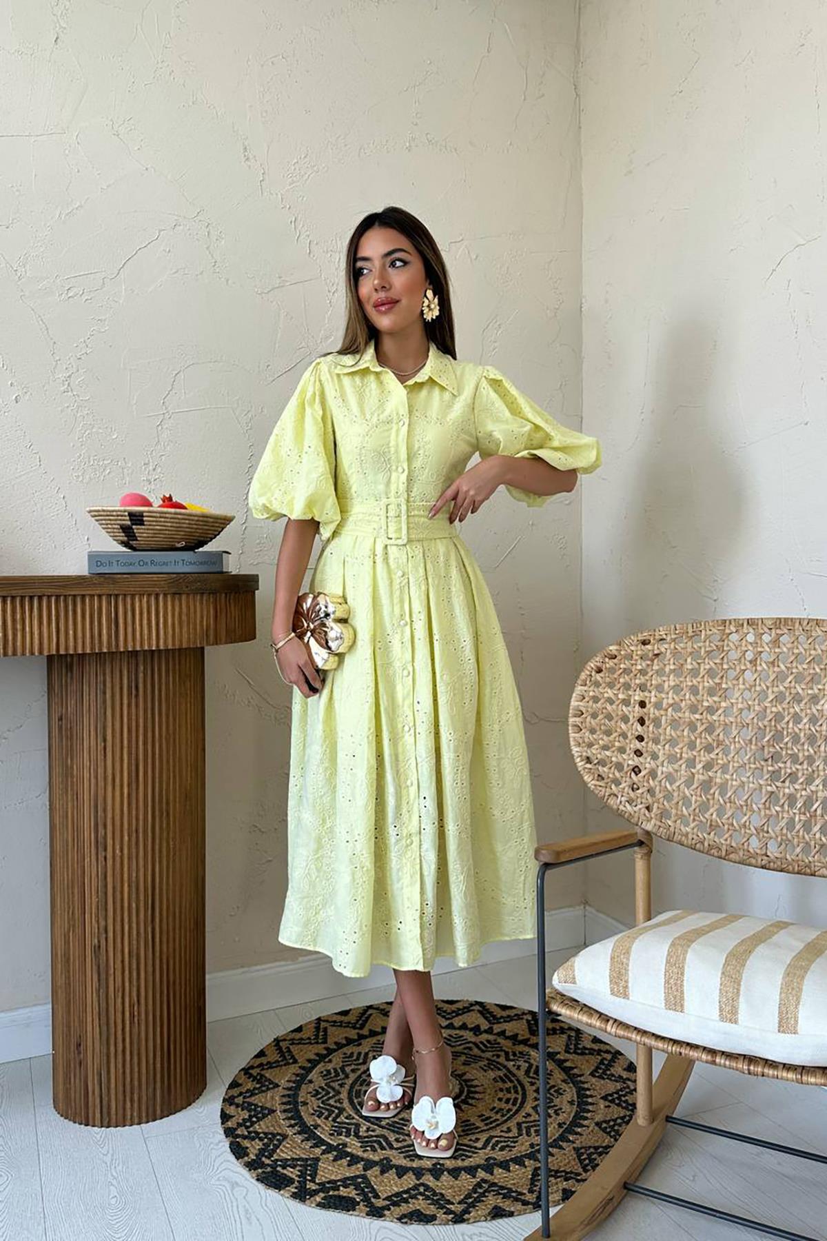 Elegant Midi Shirt Dress With Ballon Sleeves - Brand: Elisa - Women & Kids, Baby Clothes Wholesale - TheBS Women