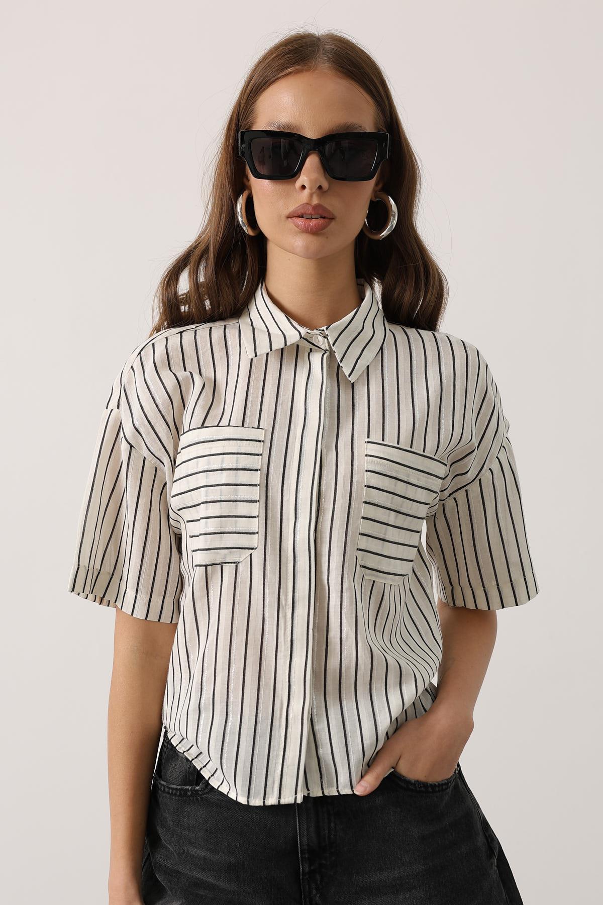 White Casual Striped Polo Neck Shirt - Brand: Reyon - Women & Kids, Baby Clothes Wholesale - TheBS Women White Casual Striped Polo Neck Shirt - Brand: Reyon - Women & Kids, Baby Clothes Wholesale - TheBS Women