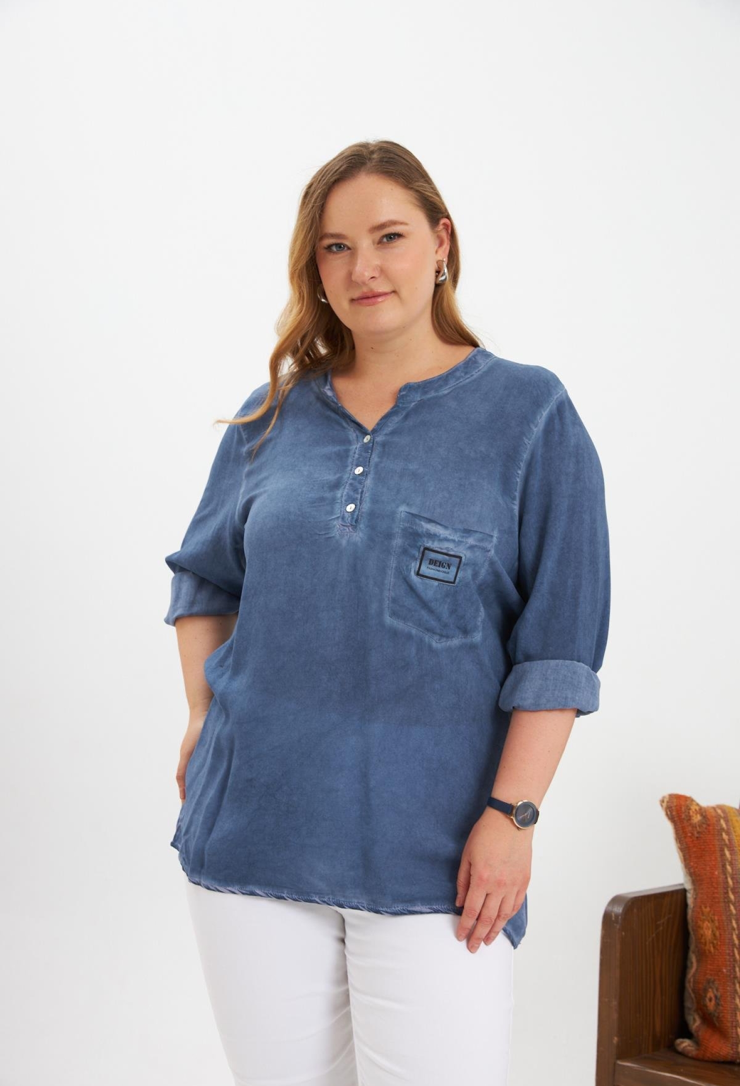 Blue Casual Plus Size Blouse With Grandad Neck - Brand: RMG - Women & Kids, Baby Clothes Wholesale - TheBS Women