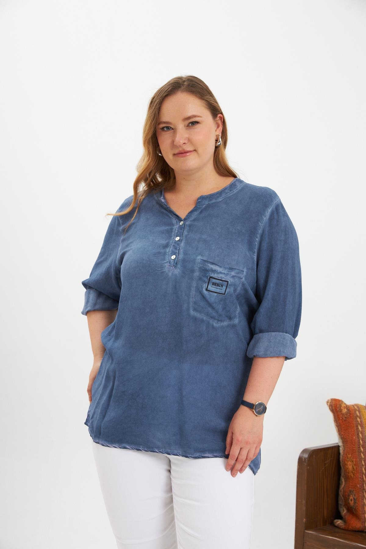 Blue Casual Plus Size Blouse With Grandad Neck - Brand: RMG - Women & Kids, Baby Clothes Wholesale - TheBS Women Blue Casual Plus Size Blouse With Grandad Neck - Brand: RMG - Women & Kids, Baby Clothes Wholesale - TheBS Women