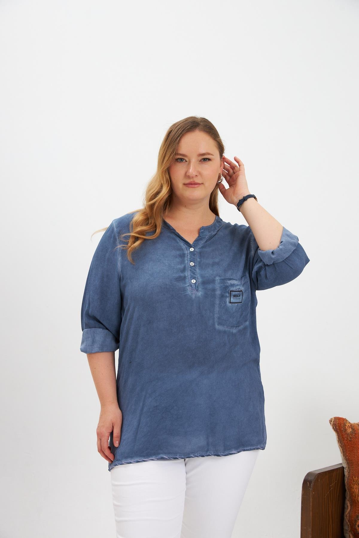 Blue Casual Plus Size Blouse With Grandad Neck - Brand: RMG - Women & Kids, Baby Clothes Wholesale - TheBS Women Blue Casual Plus Size Blouse With Grandad Neck - Brand: RMG - Women & Kids, Baby Clothes Wholesale - TheBS Women